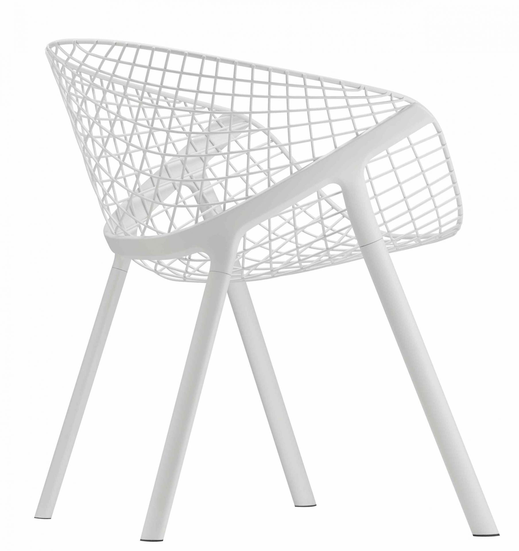 Weißer Kobi Chair Stuhl mit filigranem Drahtdesign und vier Beinen, moderne Sitzgelegenheit.