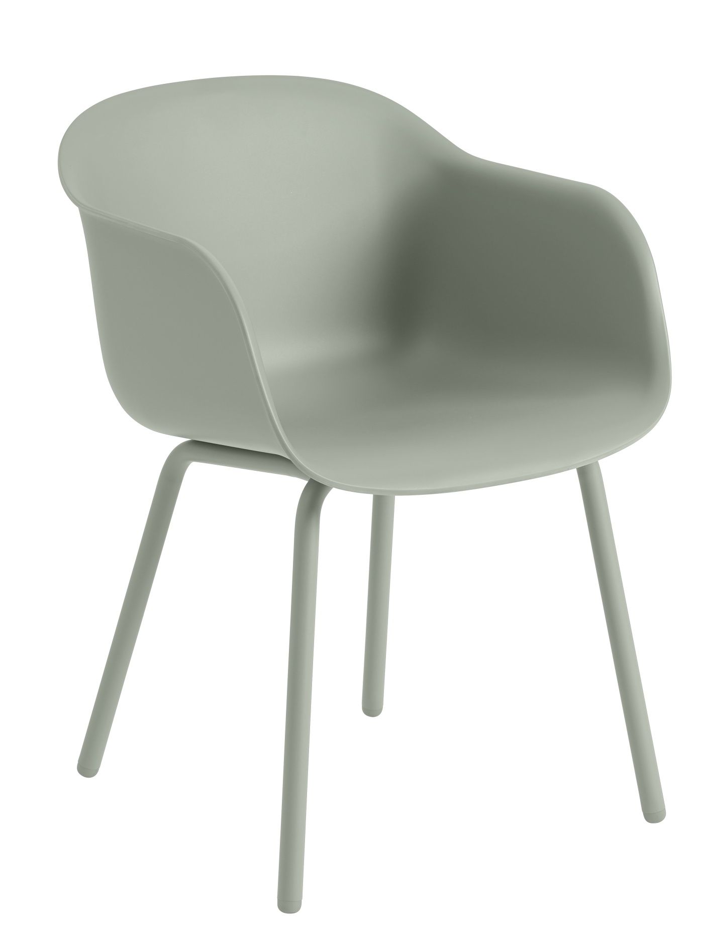 Muuto Fiber Armlehnstuhl für den Außenbereich in sanftem Grau mit minimalistischem Design und Stahlbeinen.