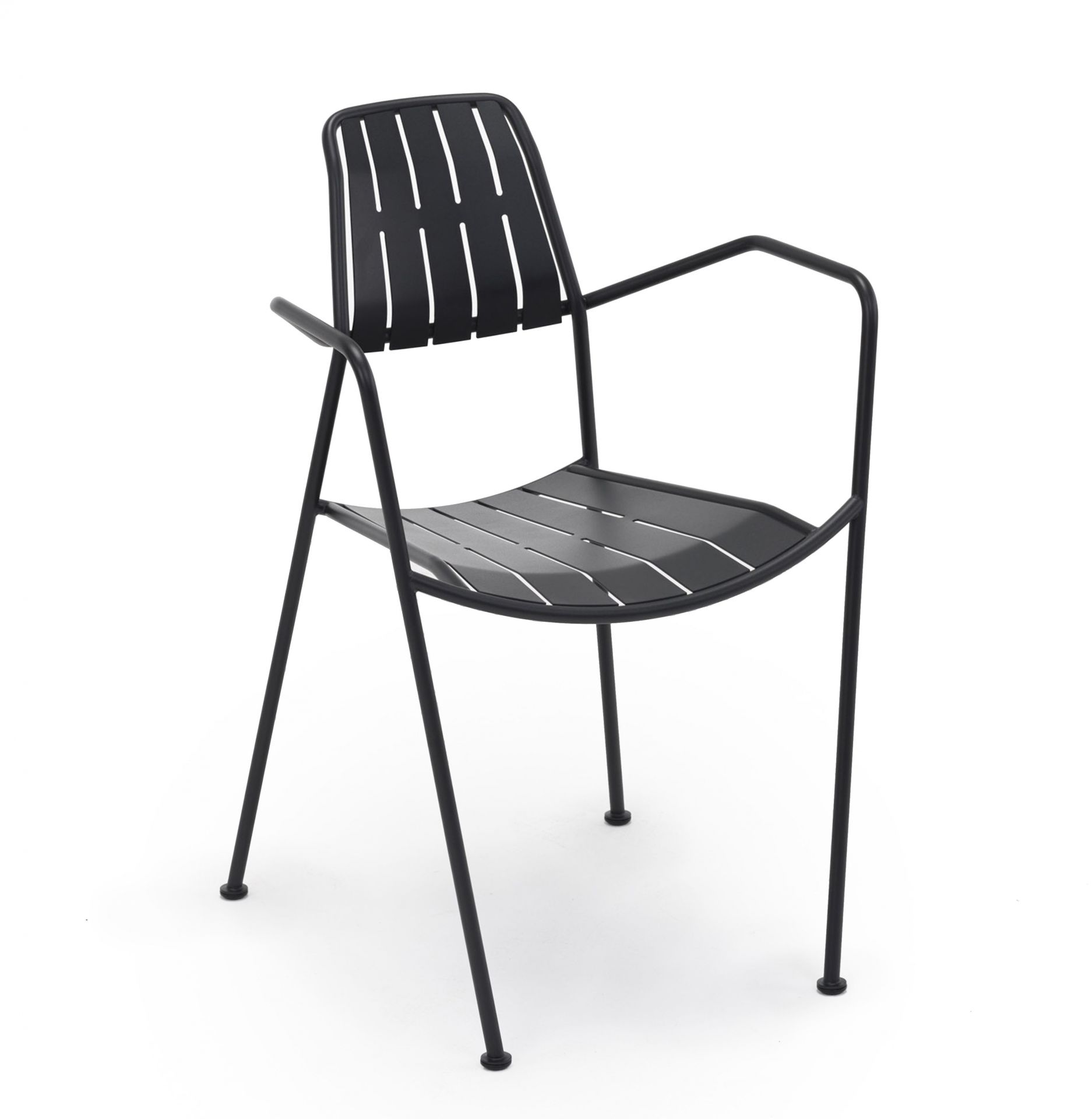 Osmo Stuhl von Prostoria, schwarzer Outdoor Stuhl aus Metall mit Armlehnen für Garten und Terrasse.