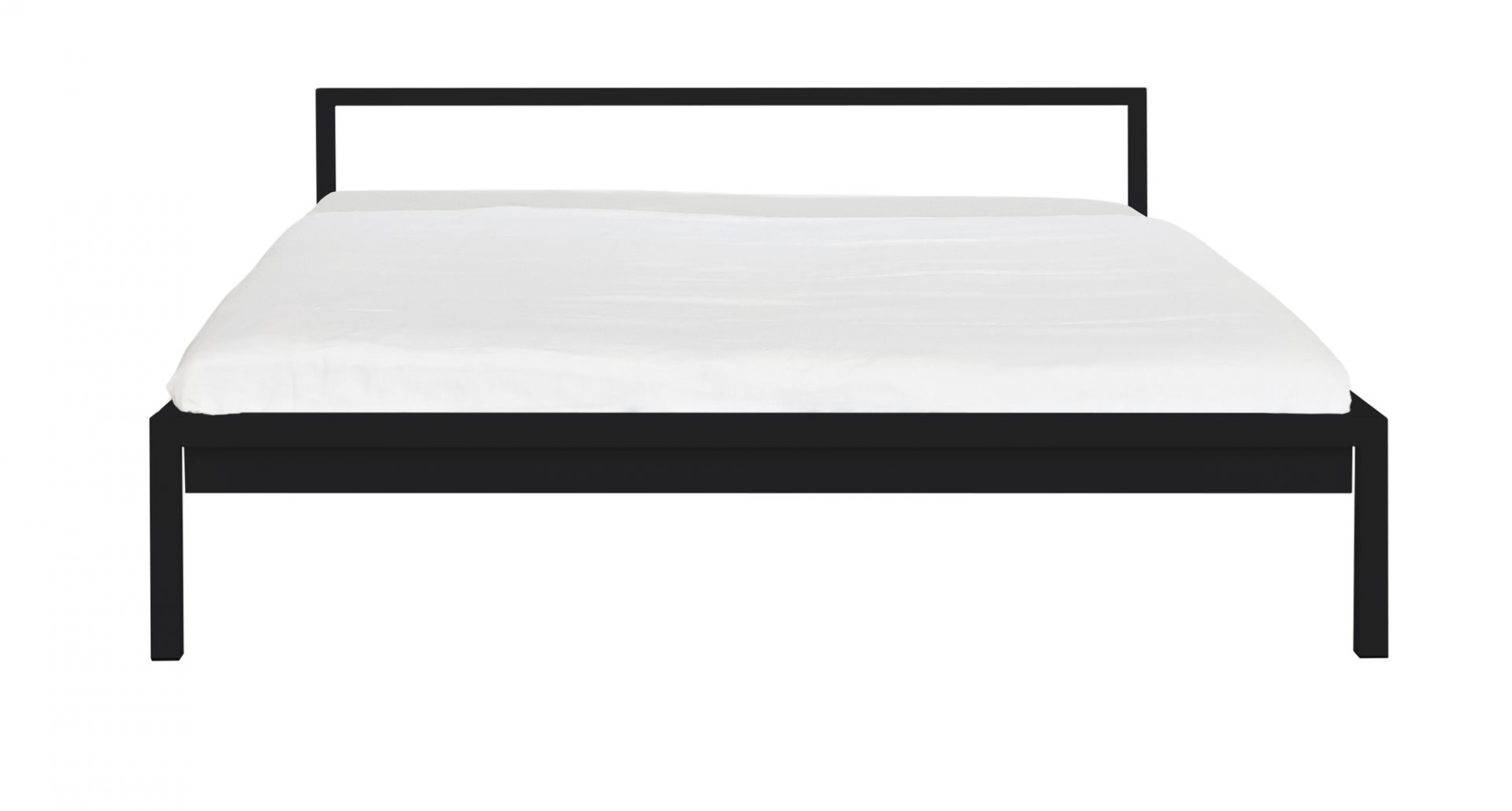 Schwarzes Pure Bett (Hans Hansen) aus Stahl, pulverbeschichtet, Größe 200x200 cm mit weißem Bettlaken.