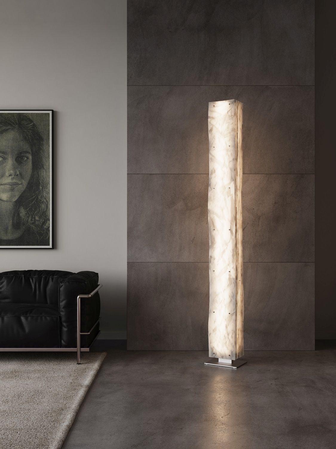 Totem Stehleuchte im Wohnzimmer: Moderne, steinfurnierte Stehlampe mit warmem Licht und minimalistischem Design.