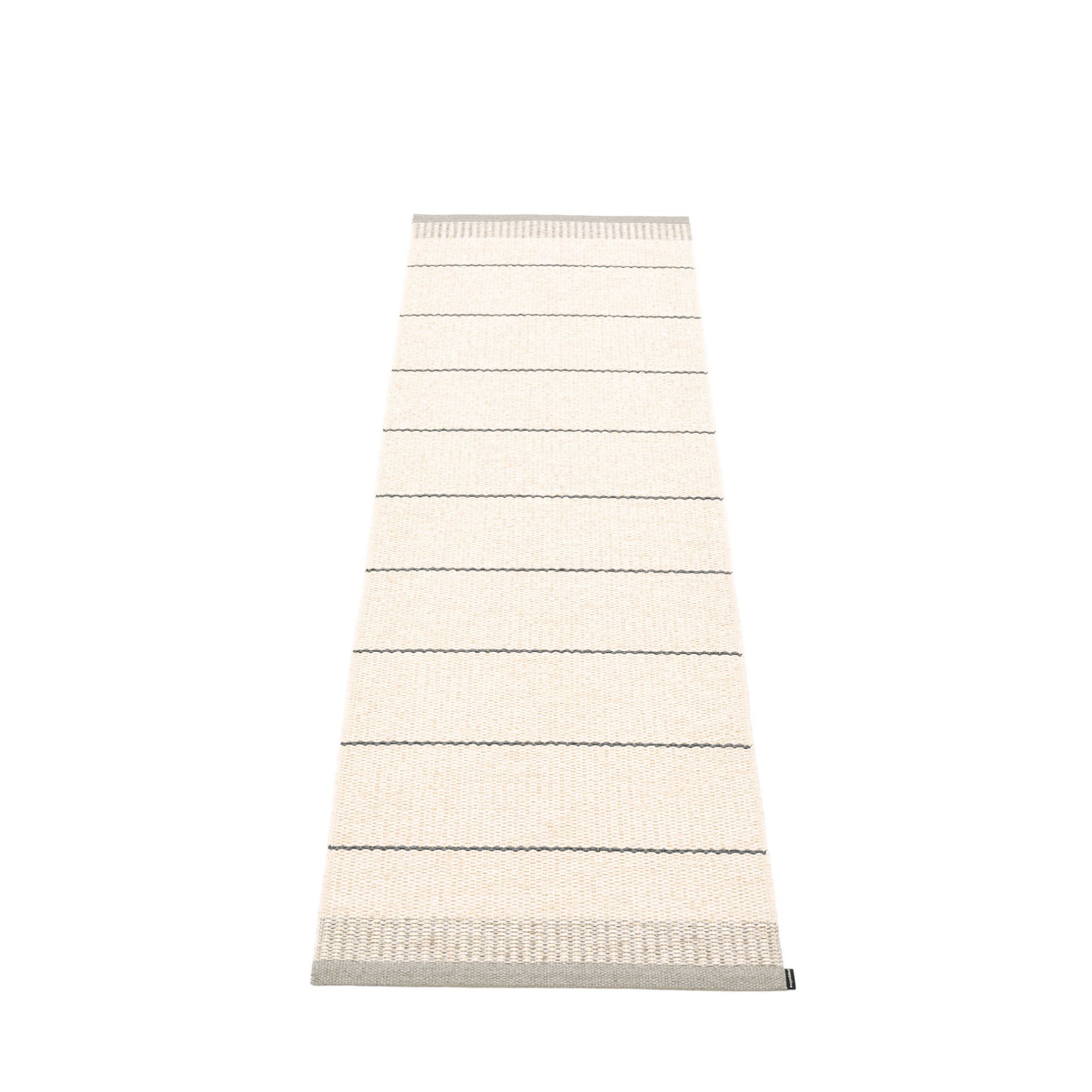 Belle Kunststoffteppich in warmem Grau, 60x200 cm, mit horizontalen Streifen. Ideal als Küchenteppich oder Badteppich.