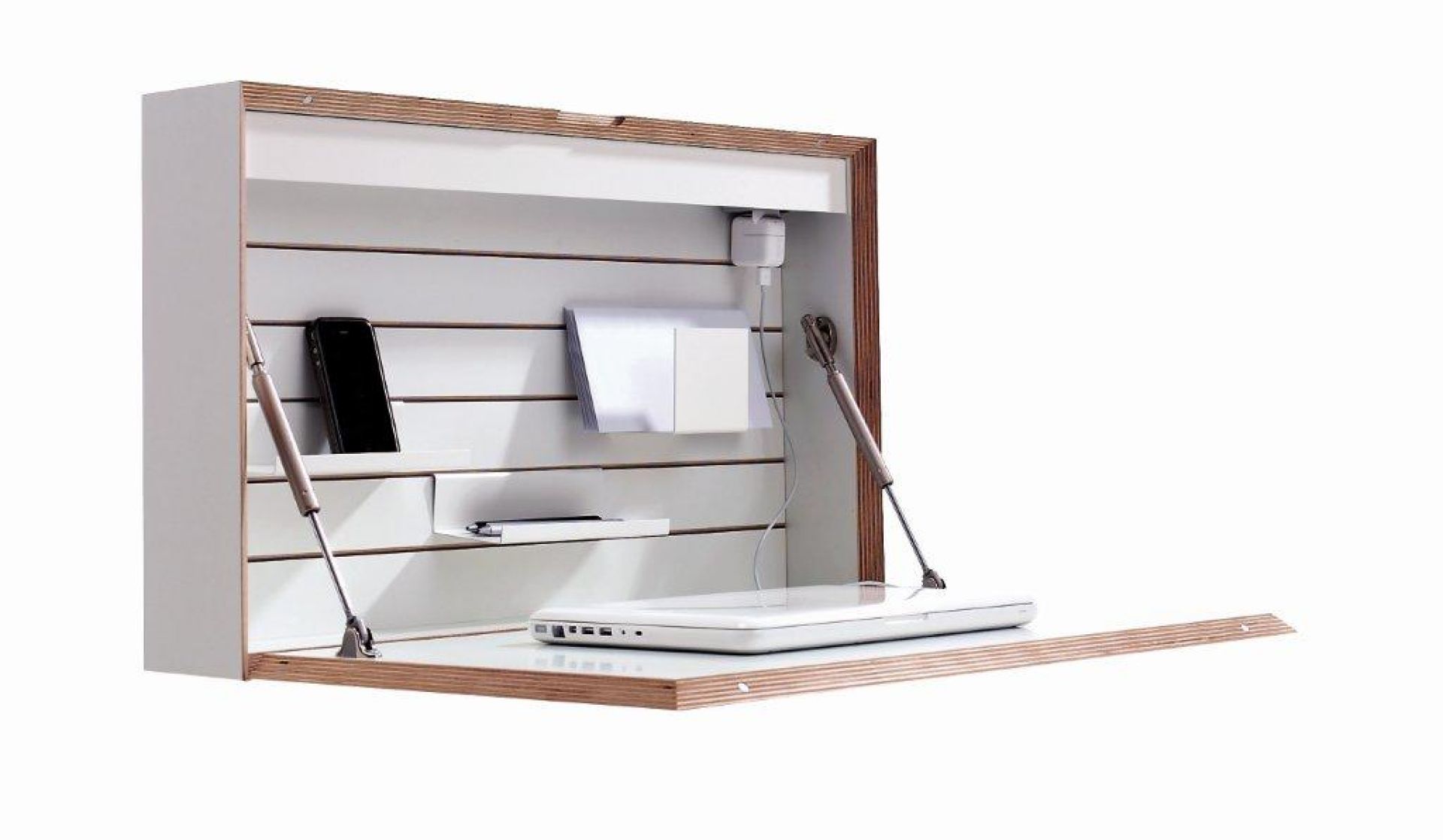Flatbox Sekretär von Müller Möbelwerkstätten, geöffnet, mit Laptop, Handy und Zubehör. Wandsekretär, platzsparend.