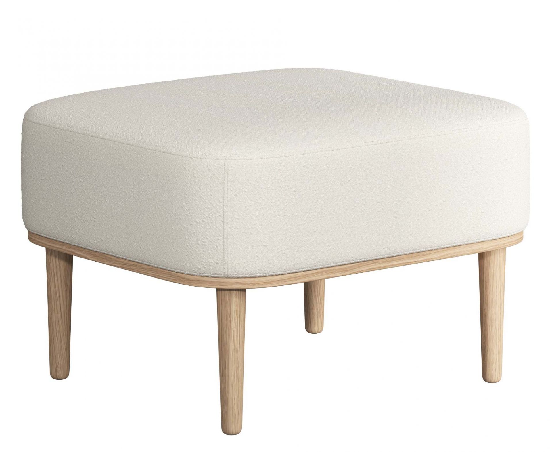 Serena Pouf Ottoman mit Eiche natur Gestell und weißem Nubbio Bezug. Moderner Hocker.