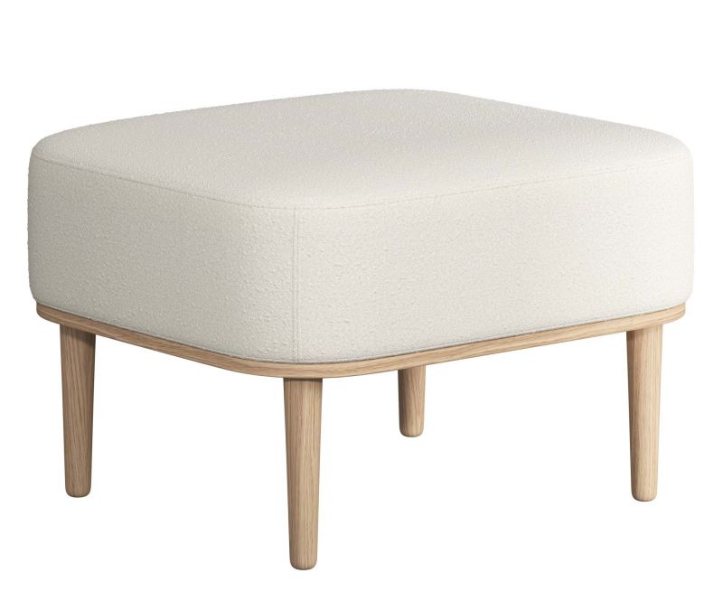 Serena Pouf Ottoman mit Eiche natur Gestell und weißem Nubbio Bezug. Moderner Hocker.