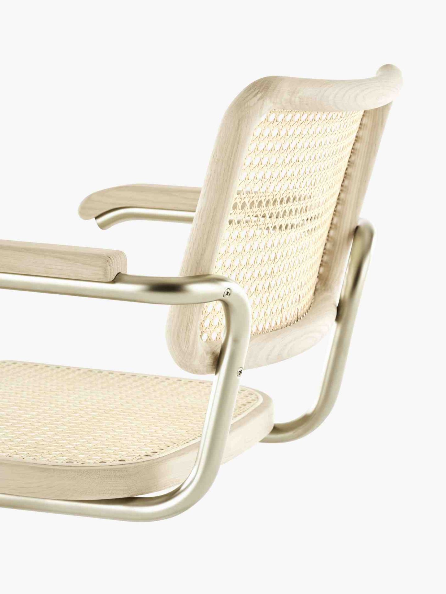 Detailaufnahme des Thonet S 64 Freischwinger Stuhls von Jil Sander mit Wiener Geflecht und Holzrahmen.