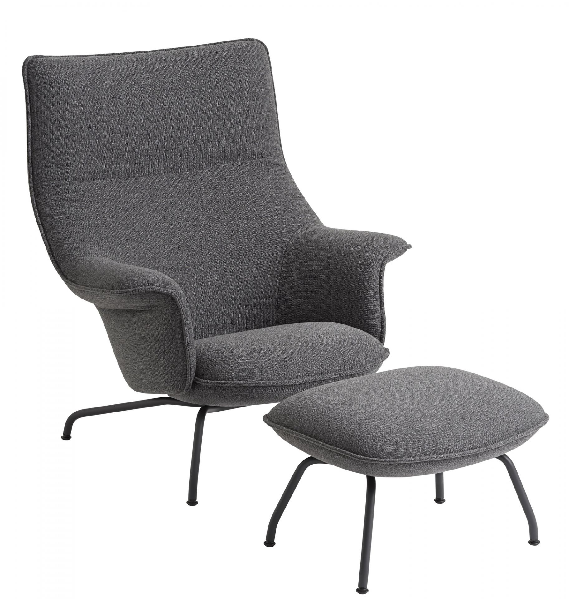 Grauer Muuto Doze Sessel mit passendem Ottoman Hocker und schwarzem Metallgestell. Bequeme Sitzmöbel für Wohnzimmer.