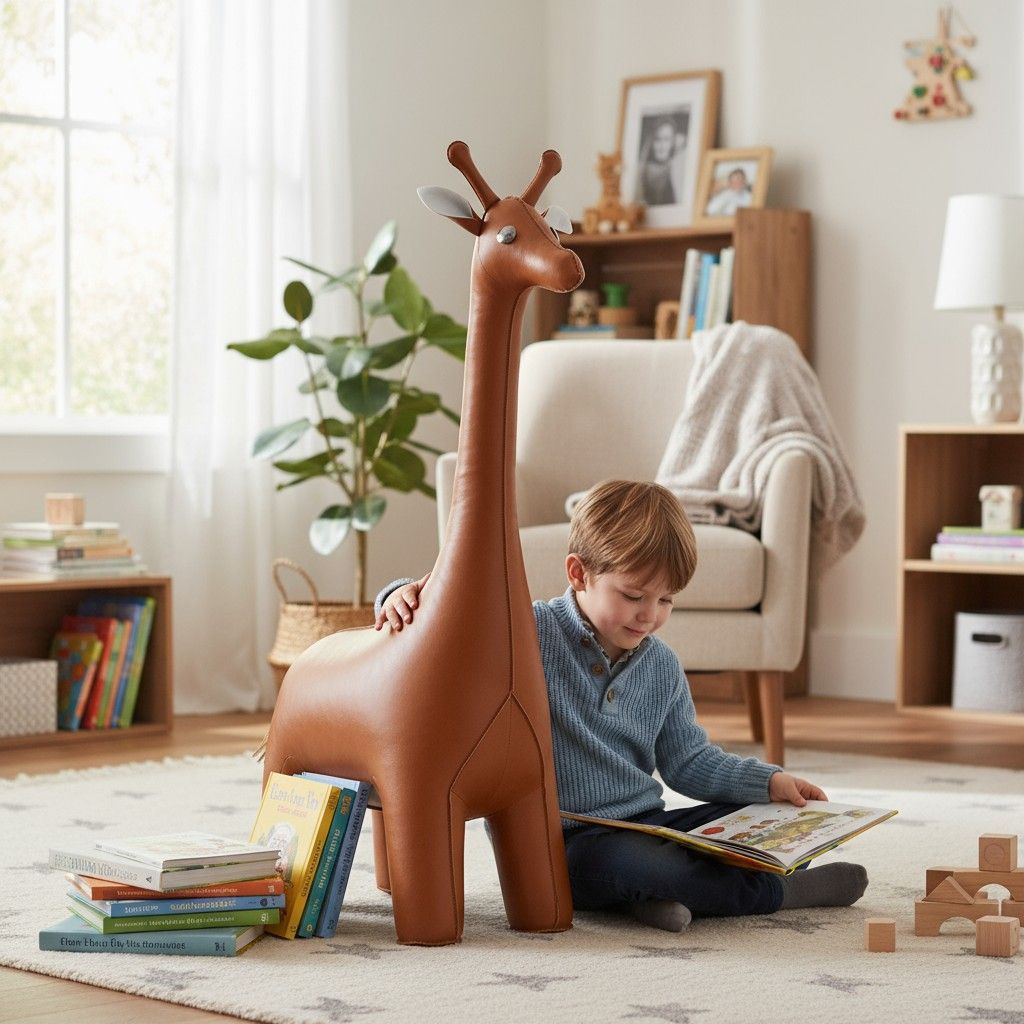 Junge liest neben Ledertier XXL Giraffe Züny , ein großes, braunes Stofftier für Kinder.