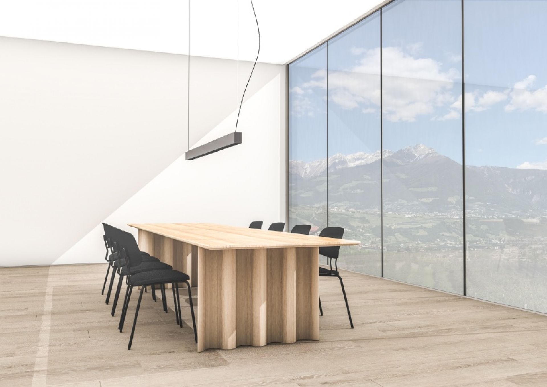Okito Ply Dining Chair Stuhl Zeitraum mit hellem Holztisch und schwarzen Stühlen vor Panoramafenster.