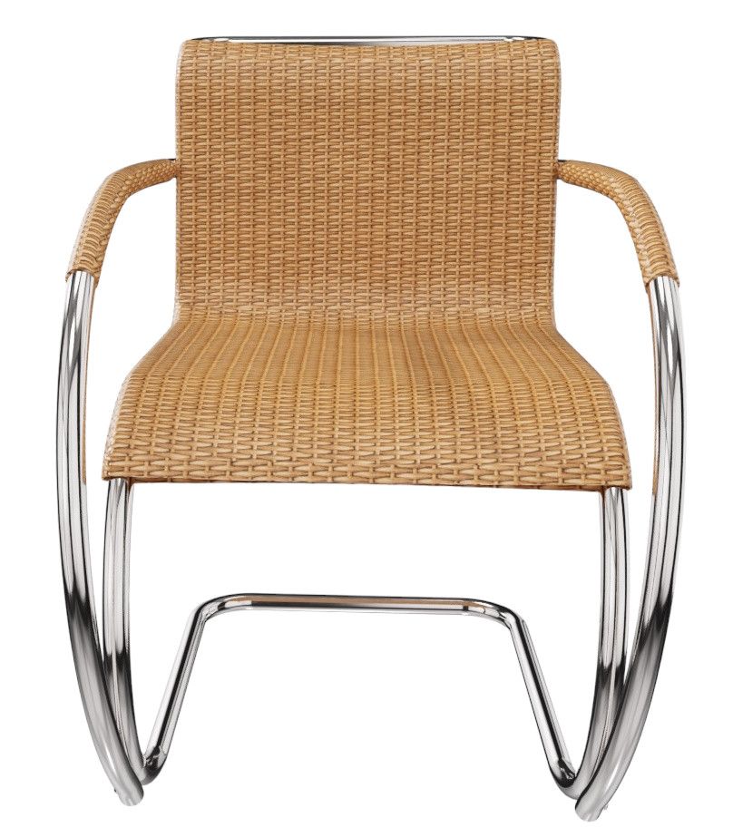 MR Stuhl mit Armlehnen von Knoll International, Rattan-Geflecht und verchromtes Stahlrohr Gestell, Frontansicht.
