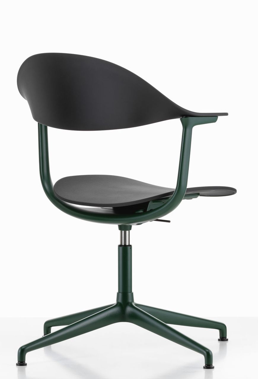 Mynt Bürodrehstuhl von Vitra mit schwarzer Sitzfläche und Rückenlehne, grünes Gestell, ergonomisch und modern.