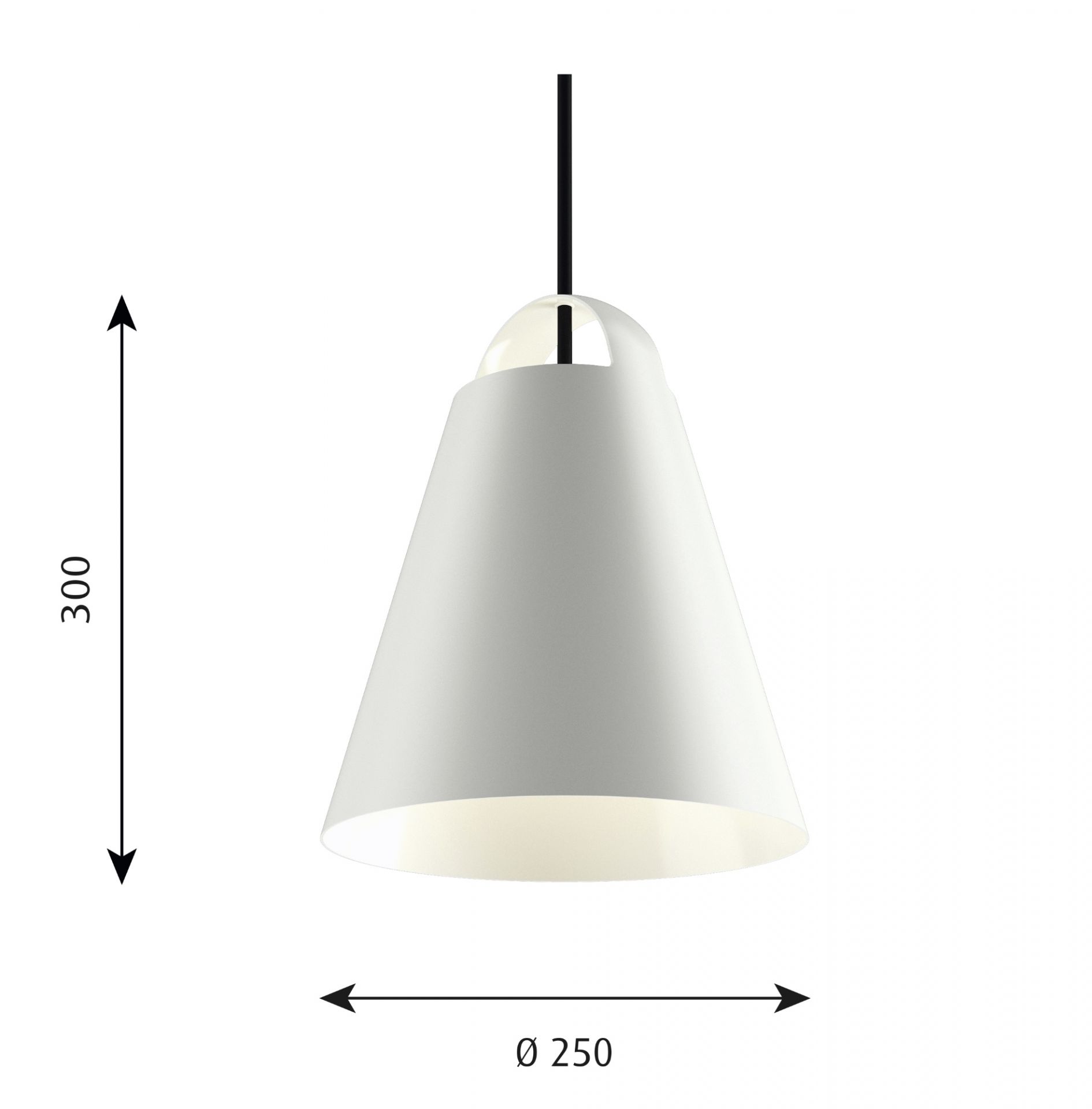 Weiße Above Pendelleuchte von Louis Poulsen mit Maßen, skandinavisches Design für Wohnzimmer und Esszimmer.