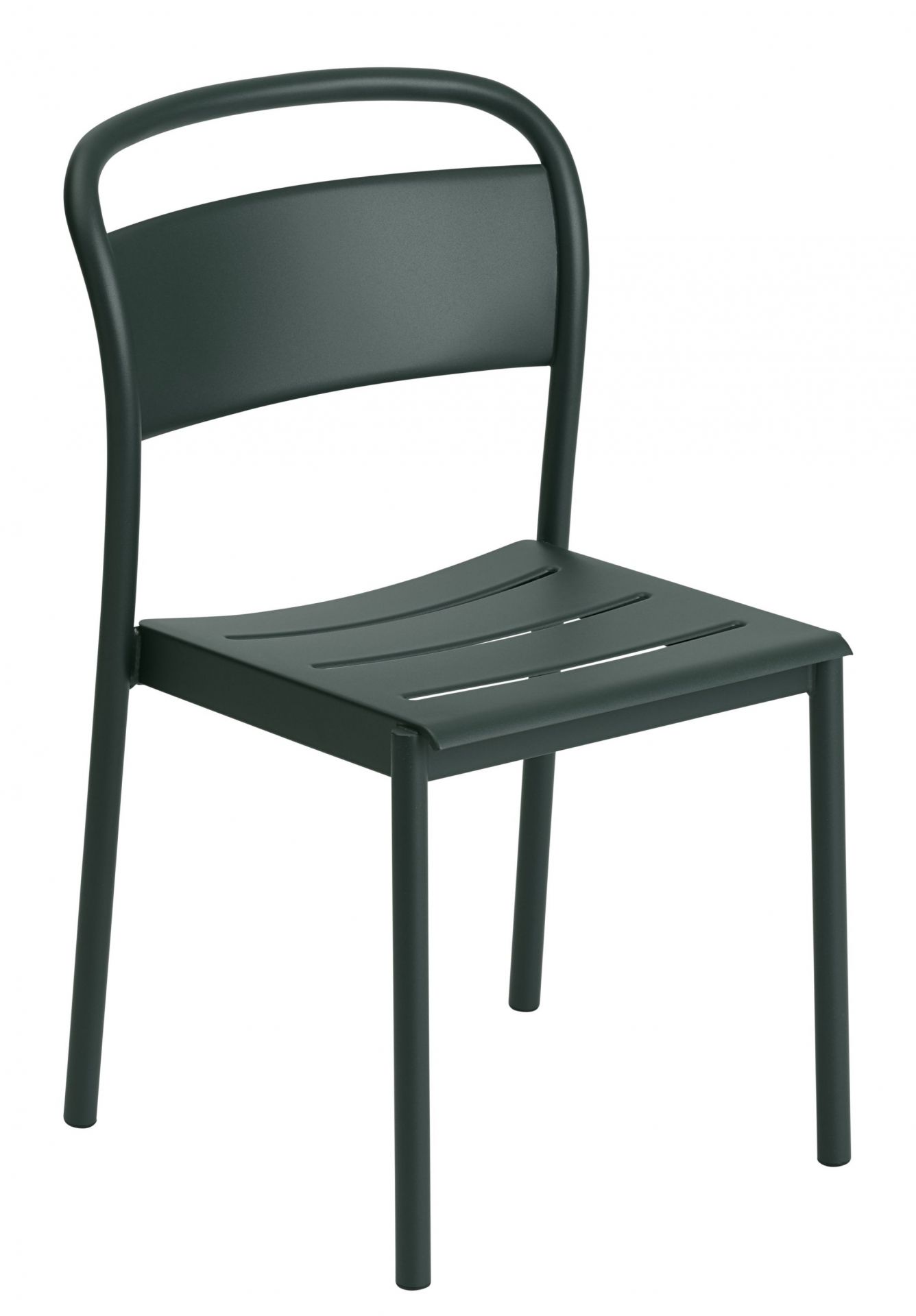 Muuto Linear Steel Stuhl für den Außenbereich in Dunkelgrün, moderne Gartenmöbel mit minimalistischem Design.
