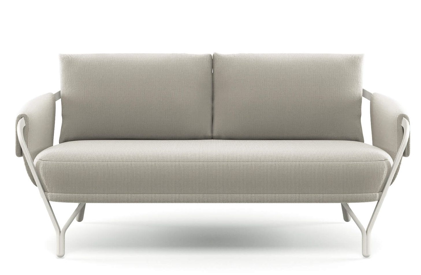 Angel Sofa: Emu 2-Sitzer Outdoor Sofa in Beige mit Kordbezug und weißem Metallgestell.