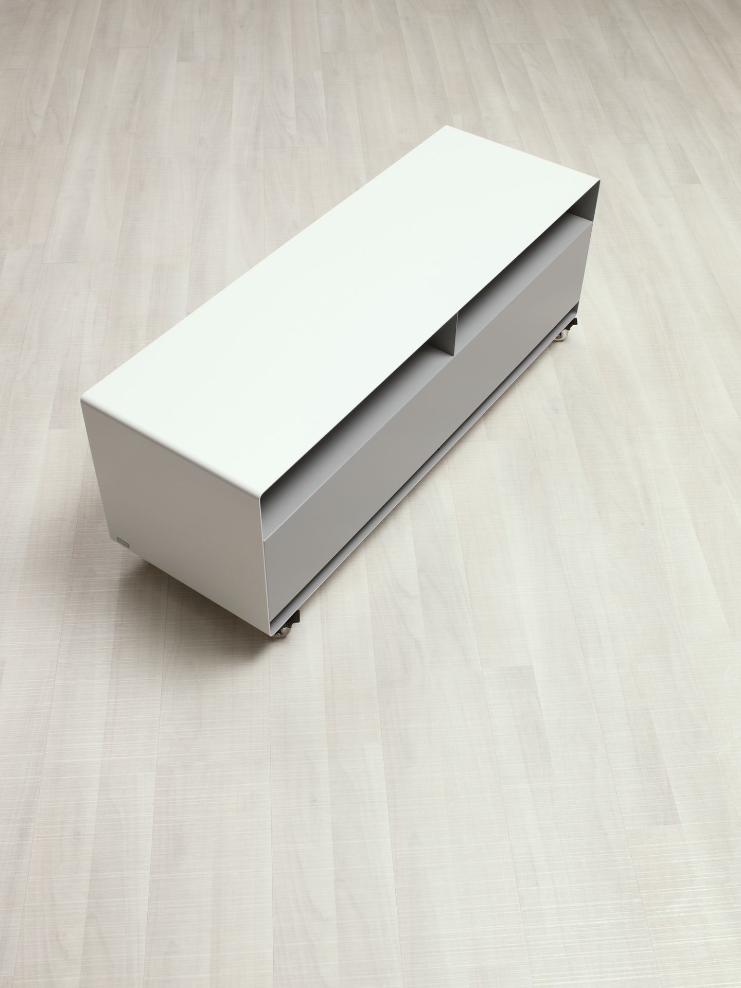Modernes R109N Sideboard von Müller Möbelfabrikation in Weiß und Grau mit Rollen auf hellem Holzboden.