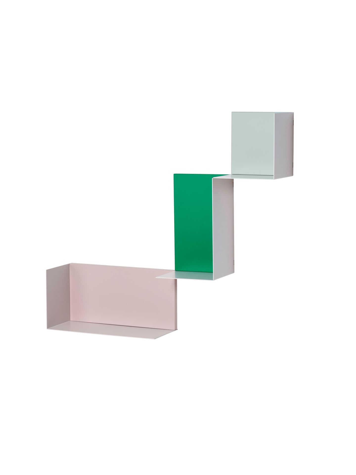 Dado Regalelement L von Schönbuch, modernes Wandregal in Rosa, Grün und Weiß auf weißem Hintergrund.