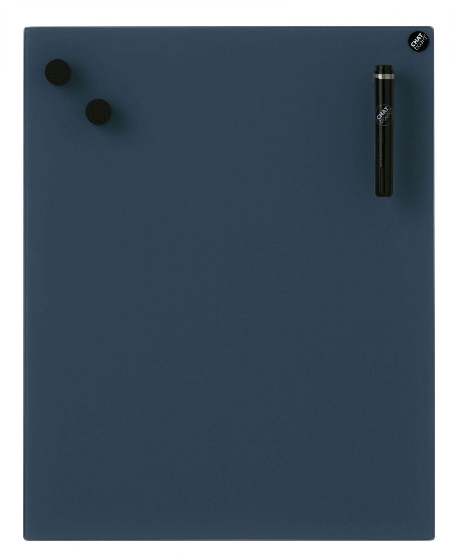 Blaue Chat Board Glastafel für die Wand mit Magneten und Stift.