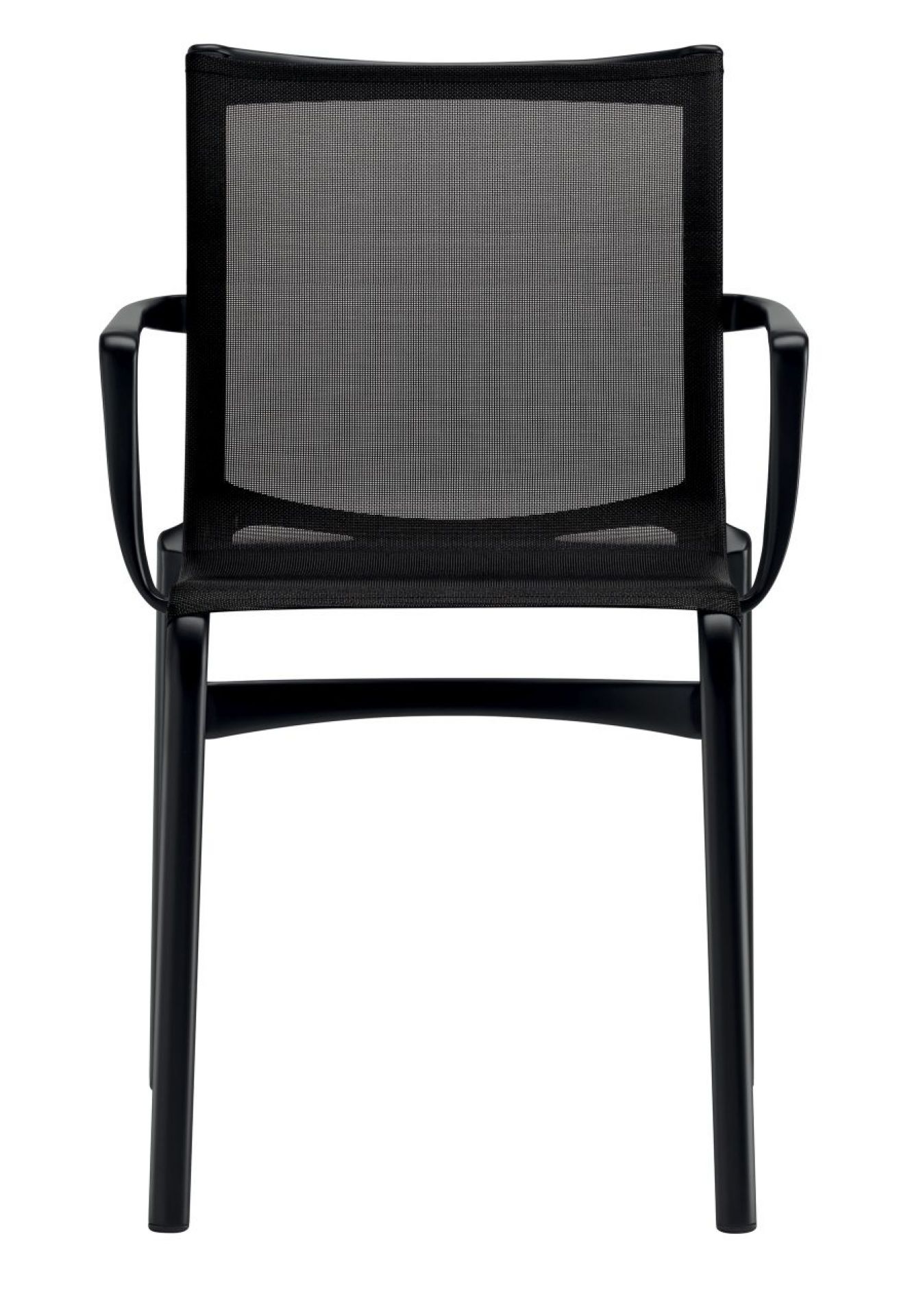 Bigframe Stuhl von Alias, schwarzer Design-Stuhl mit Armlehnen und Netzgewebe, Frontansicht.