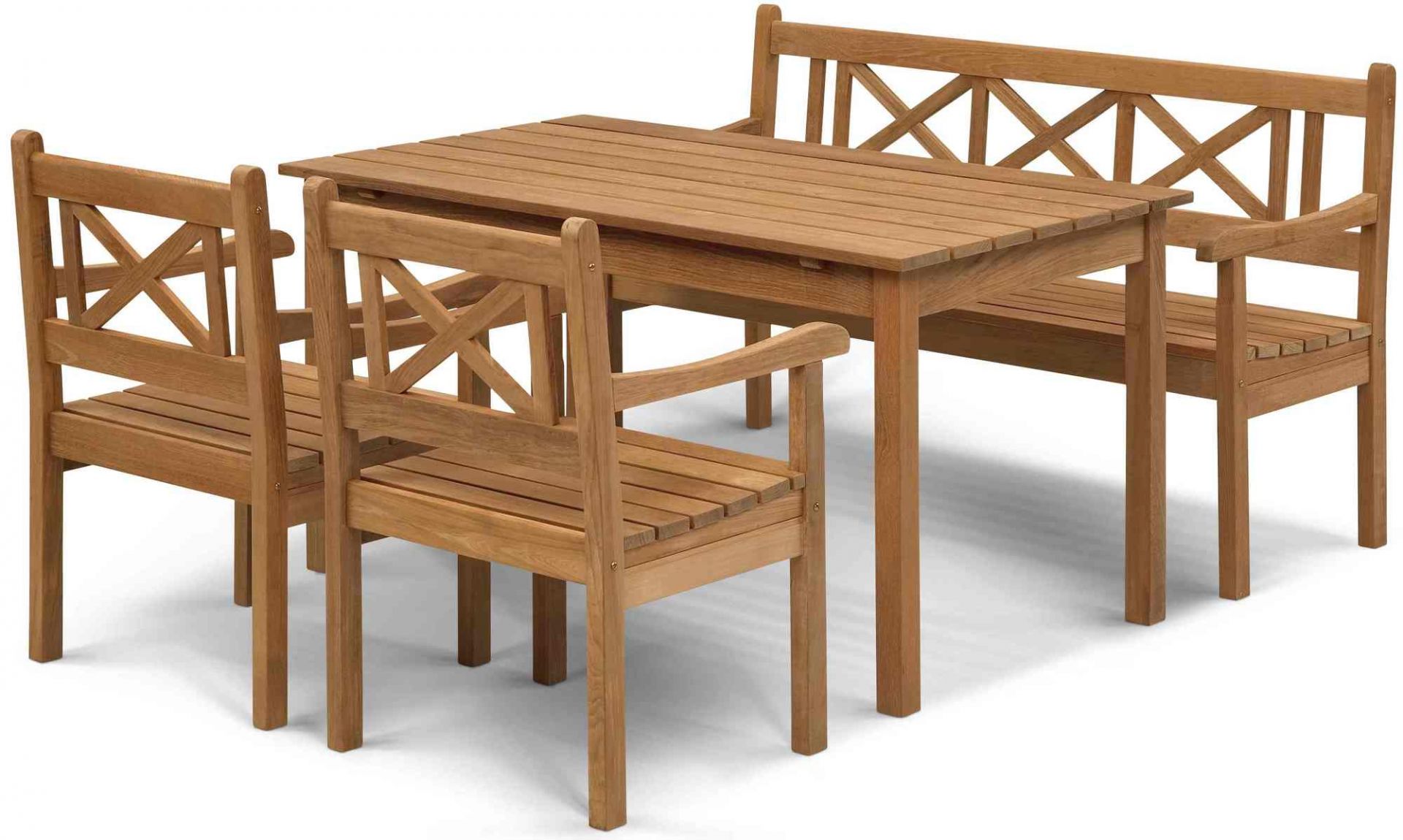 Skagen Gartenmöbel Set: Tisch, Bank und zwei Stühle aus Teakholz für den Außenbereich.