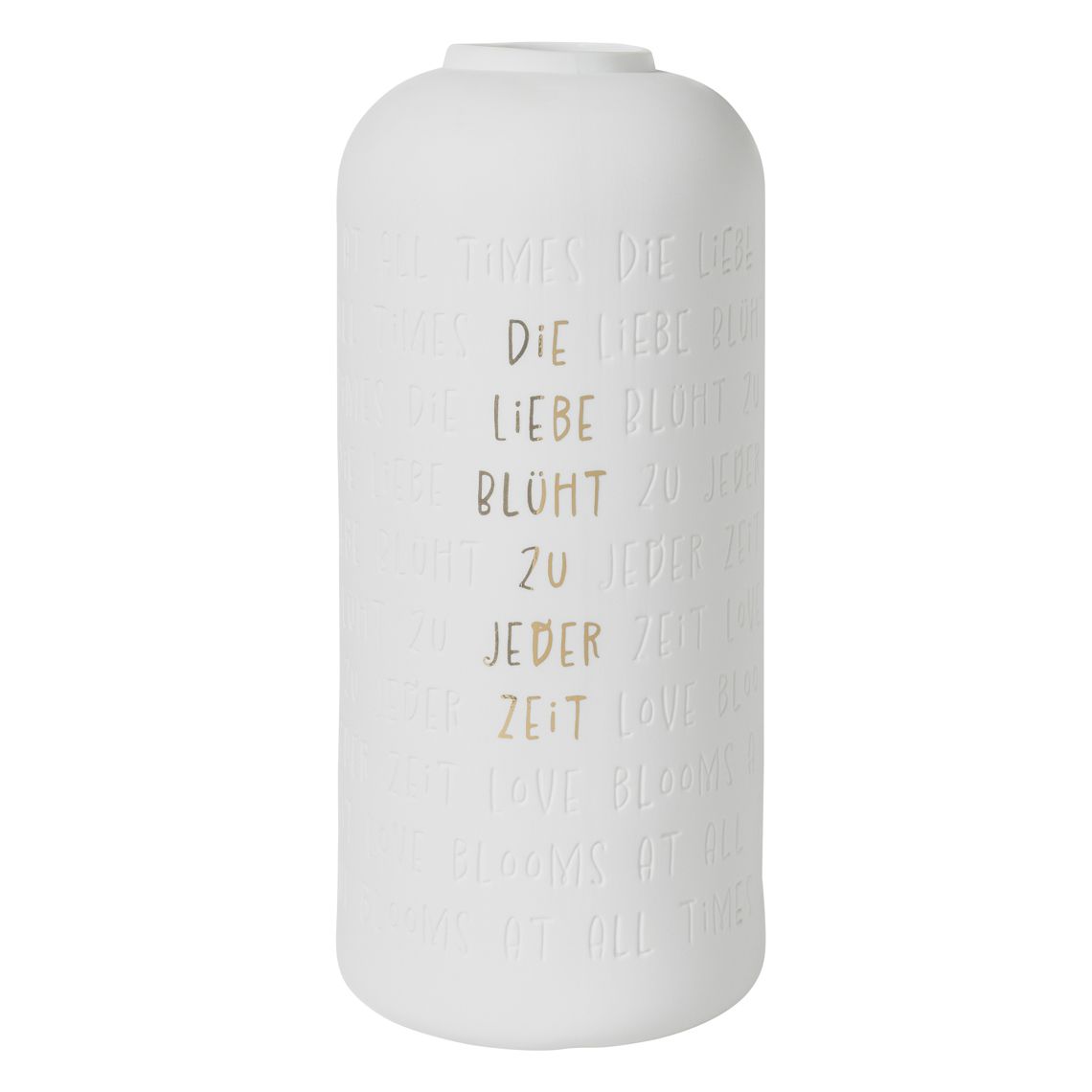 Weiße Vase "Die Liebe Blüht zu Jeder Zeit" mit goldenem Schriftzug, ideal als Hochzeitsdekoration.