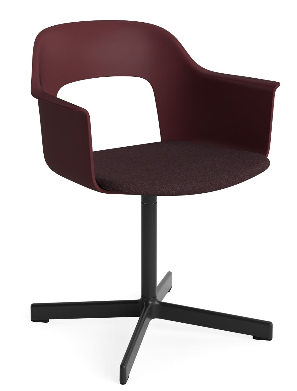 Layout Armchair 233 von Hay, burgunderroter Armlehnstuhl mit schwarzem Drehfuß für Büro und Wohnzimmer.