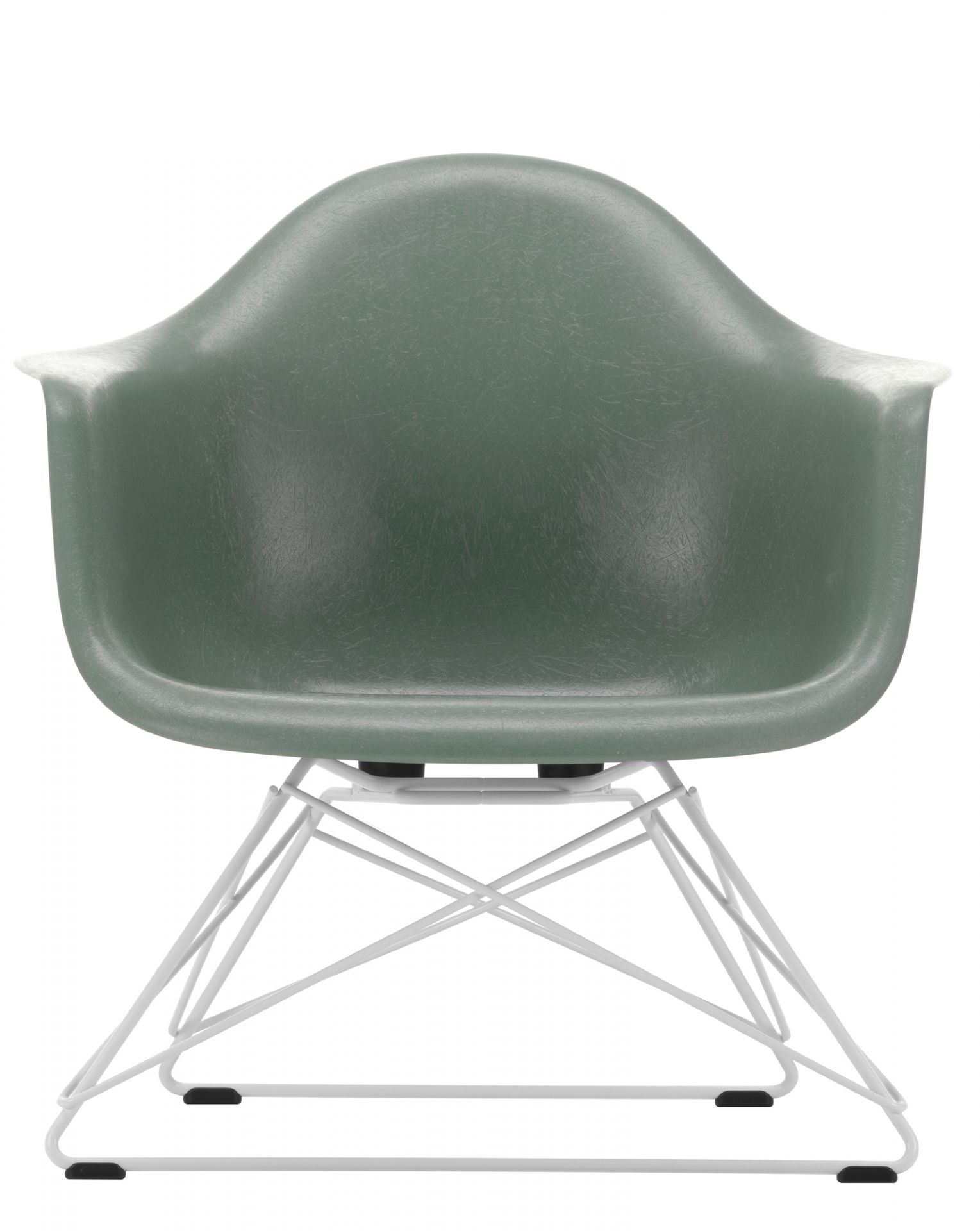 Grüner Eames Fiberglass Arm Chair LAR Stuhl von Vitra mit weißem Drahtgestell, Frontansicht.