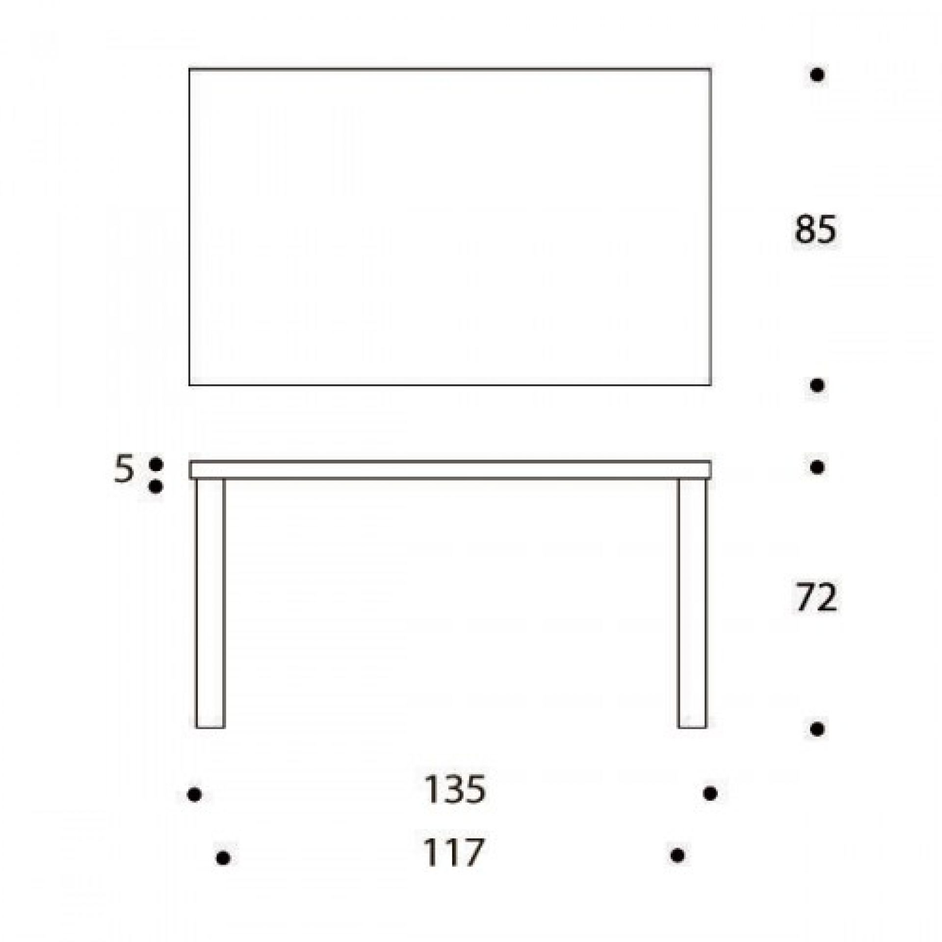 Artek 82B Tisch: Technische Zeichnung mit Maßangaben für Höhe, Breite und Tiefe.