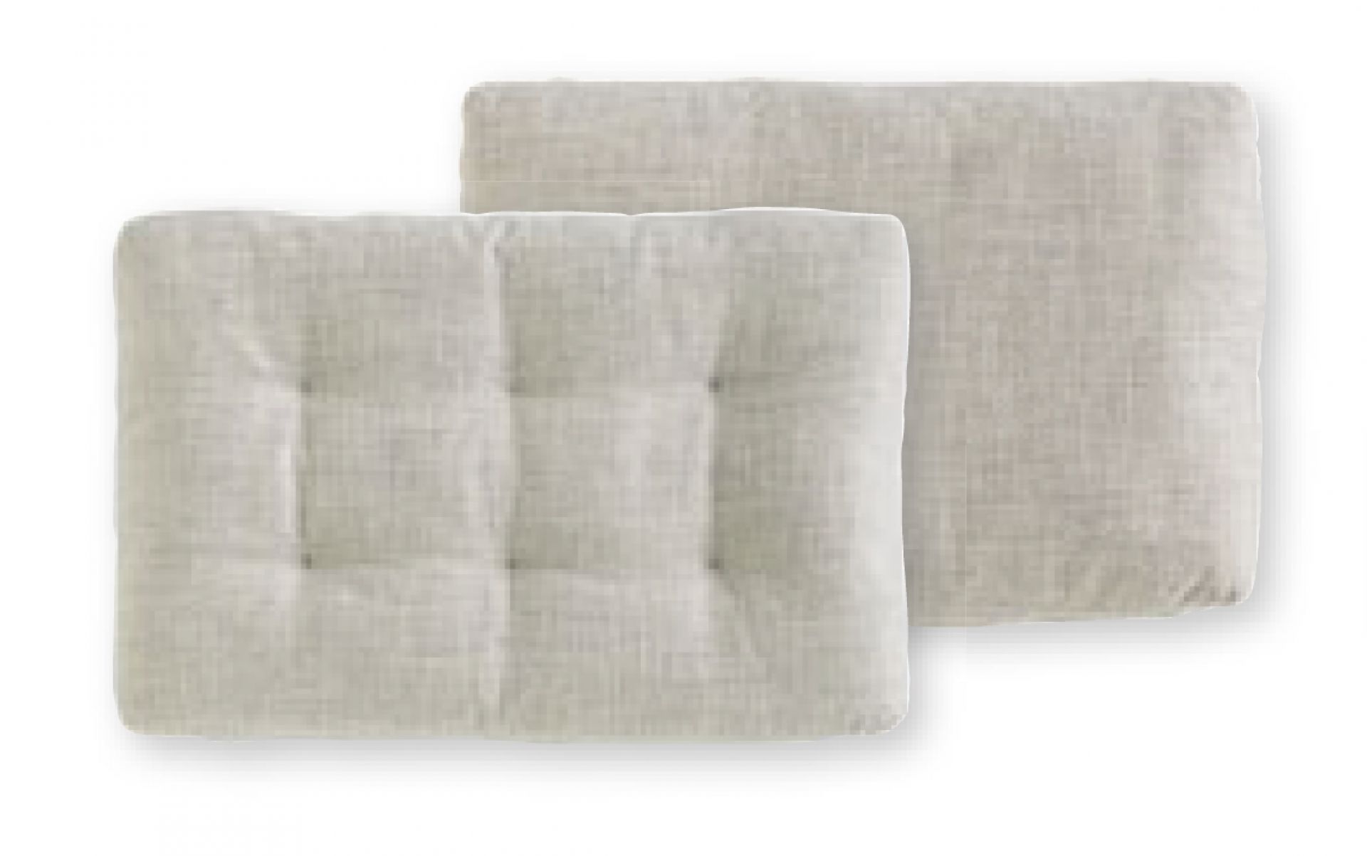 Zwei beigefarbene, quadratische Grand Sofa Rückenkissen von Vitra mit Knopfheftung für bequemes Sitzen.
