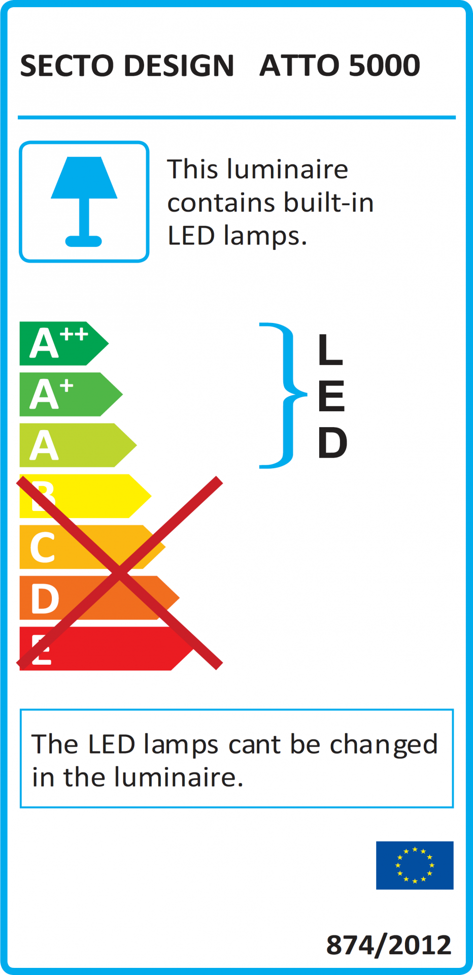 Energieeffizienzlabel der Secto Design Atto 5000 Pendelleuchte mit integrierten, nicht austauschbaren LED-Lampen.