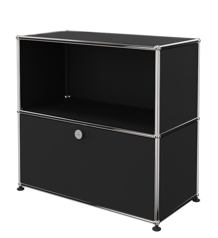 USM Haller Sideboard in Graphitschwarz mit einem offenen Fach und einer Klappe, modernes Design.