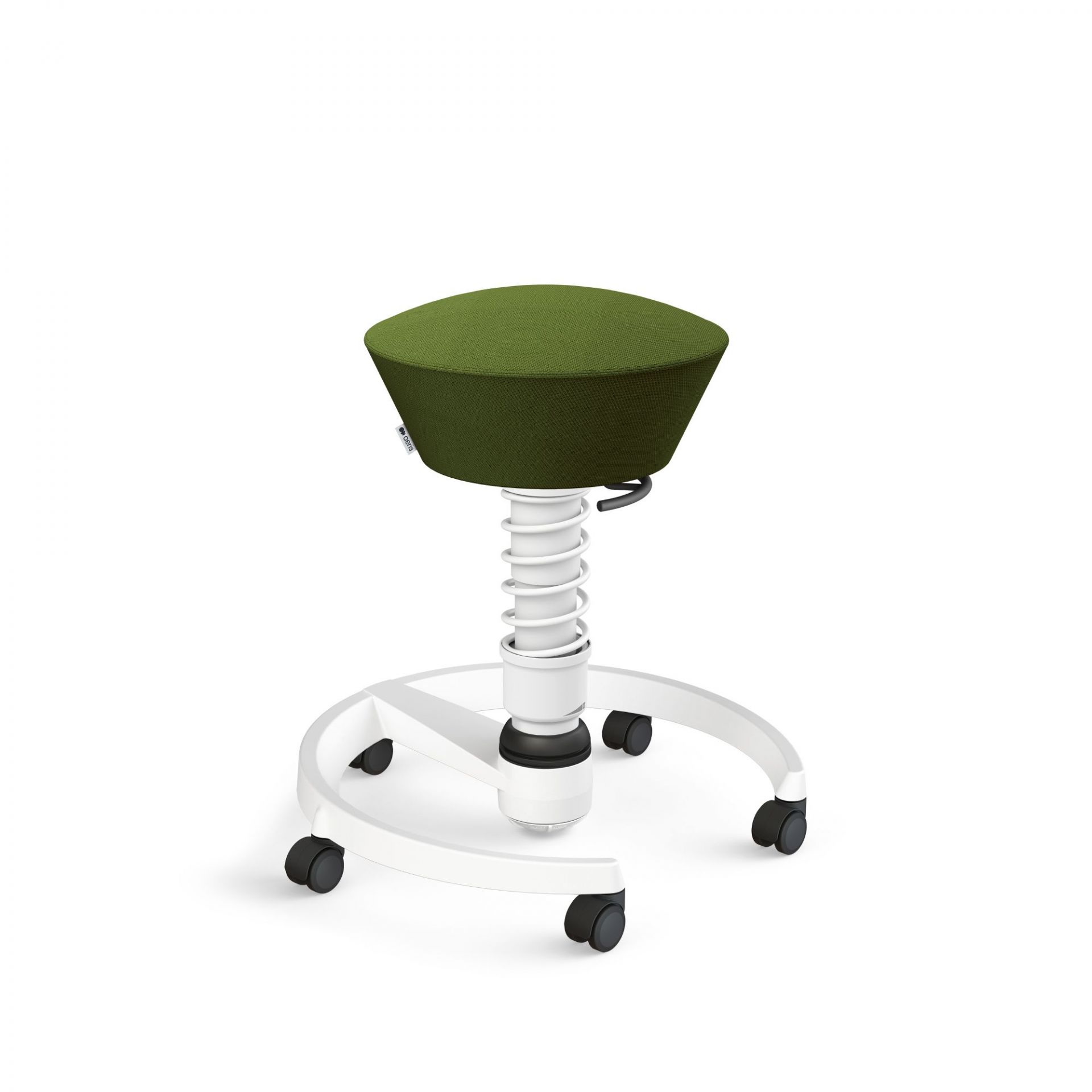 Aktiv-Sitzhocker mit grünem Bezug und weißem Fußkreuz mit Rollen für ergonomisches Sitzen.