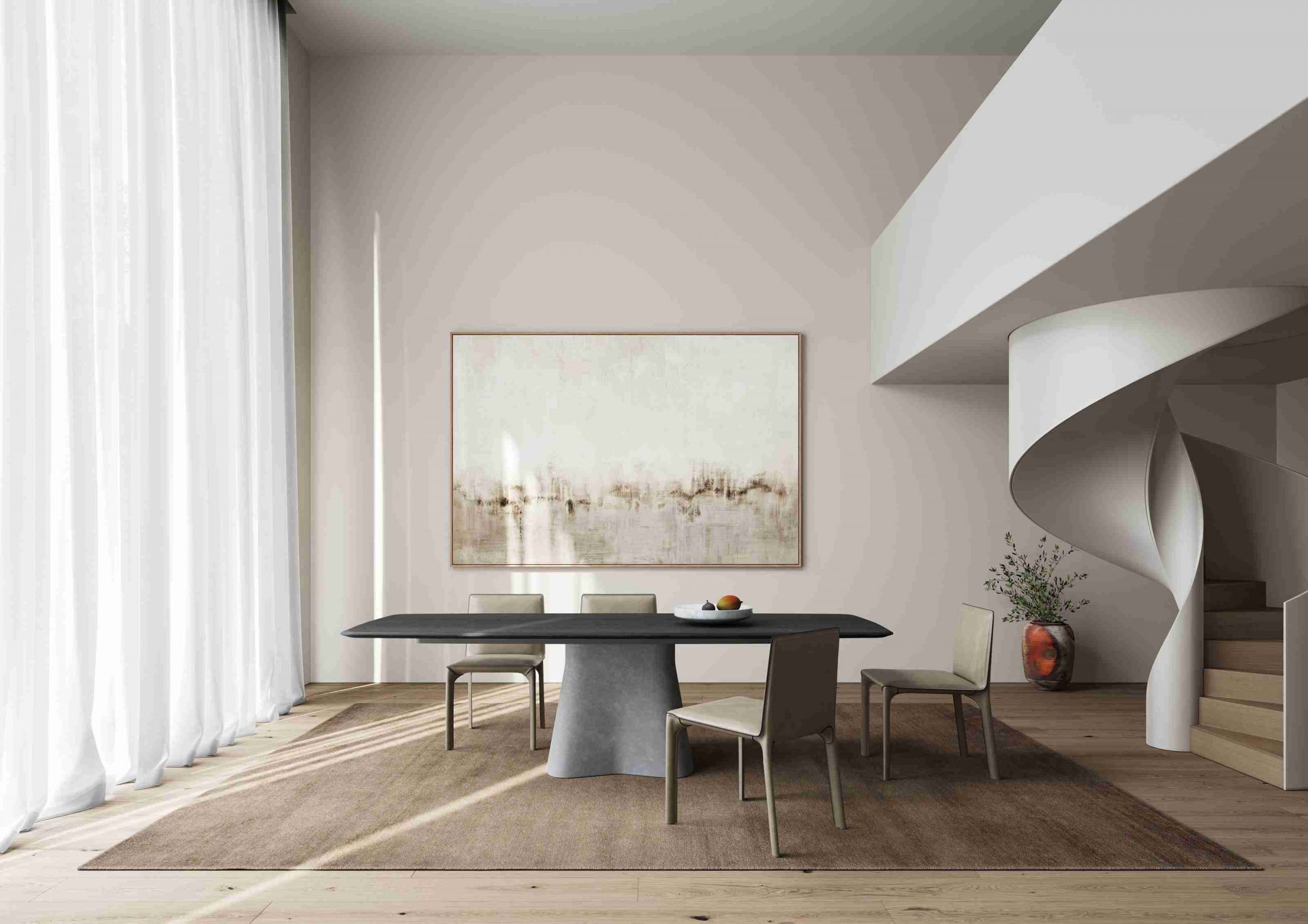 Moderner Temno Esstisch von Walter Knoll mit Stühlen in minimalistischem Esszimmer mit Wendeltreppe.