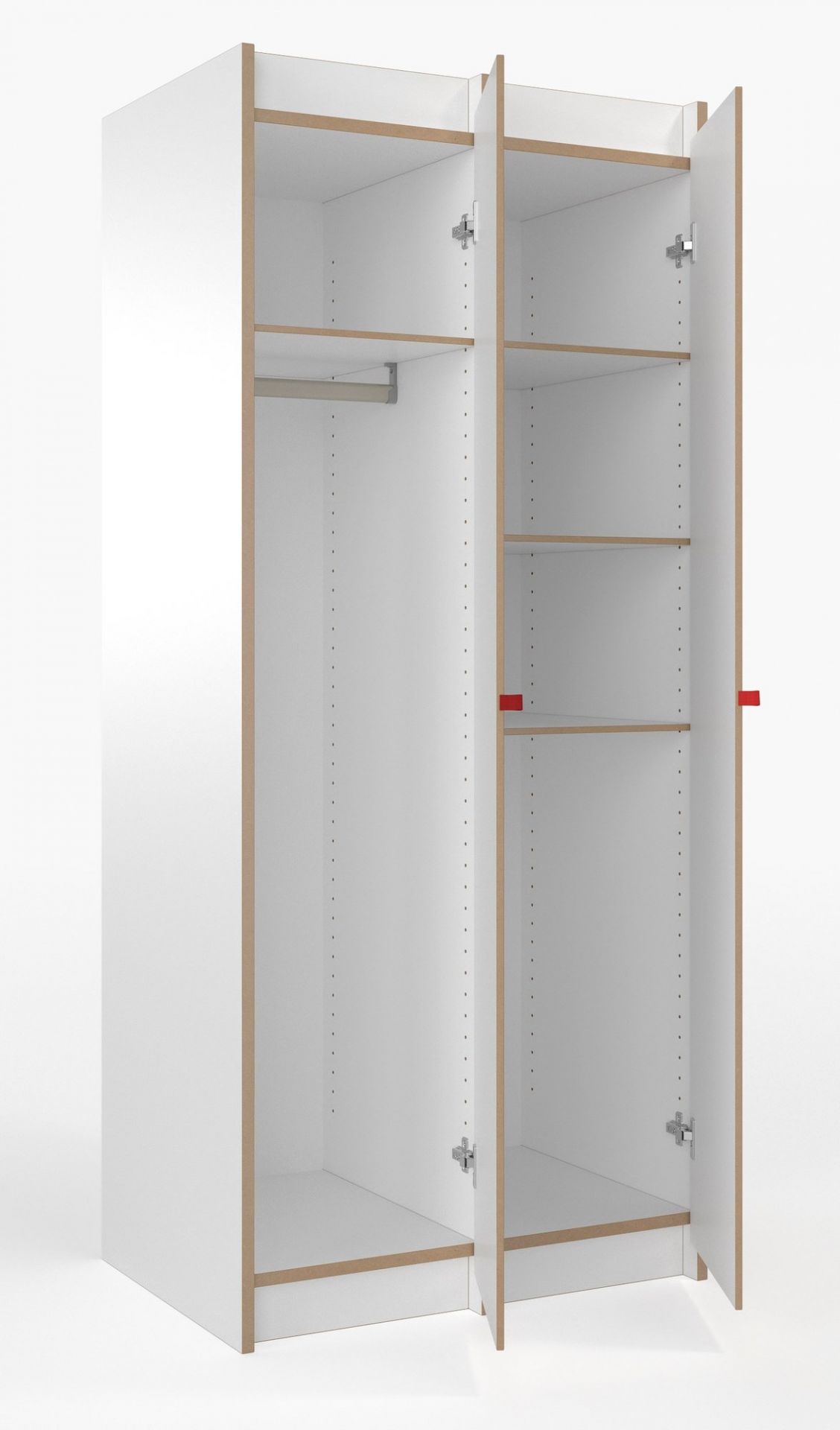 Offener, weißer Tojo Steh Schrank mit Einlegeböden und Kleiderstange, ideal als Anbaumodul für modulare Schranksysteme.