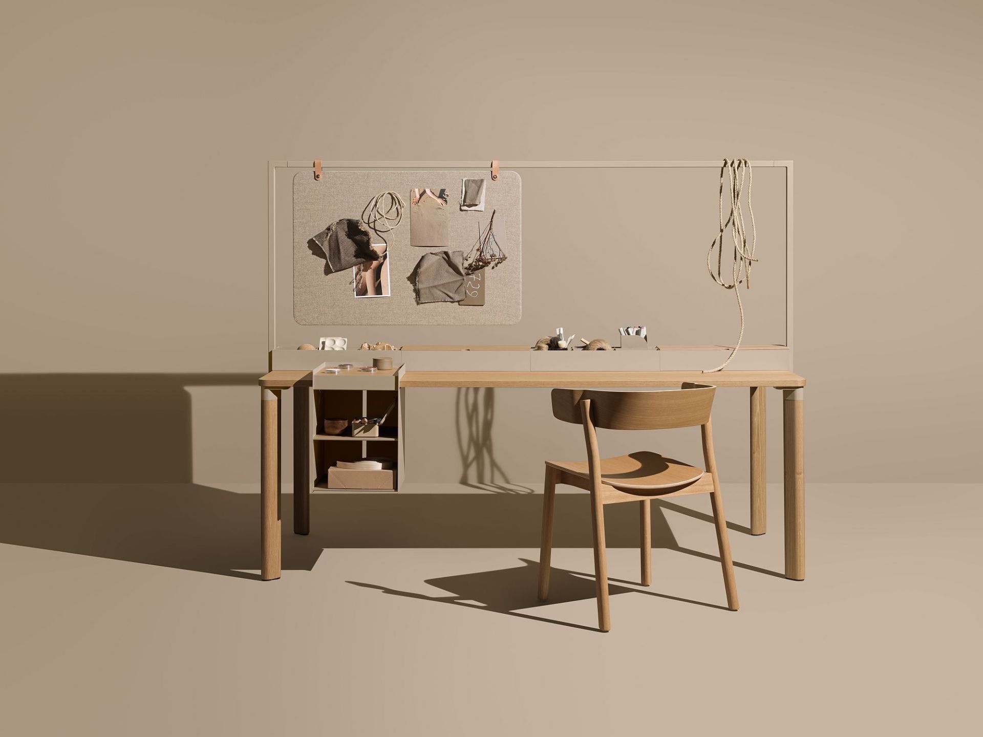 Enfold Table von Mizetto: Moderner Schreibtisch aus Holz mit Aufbewahrung, Pinnwand und Stuhl.
