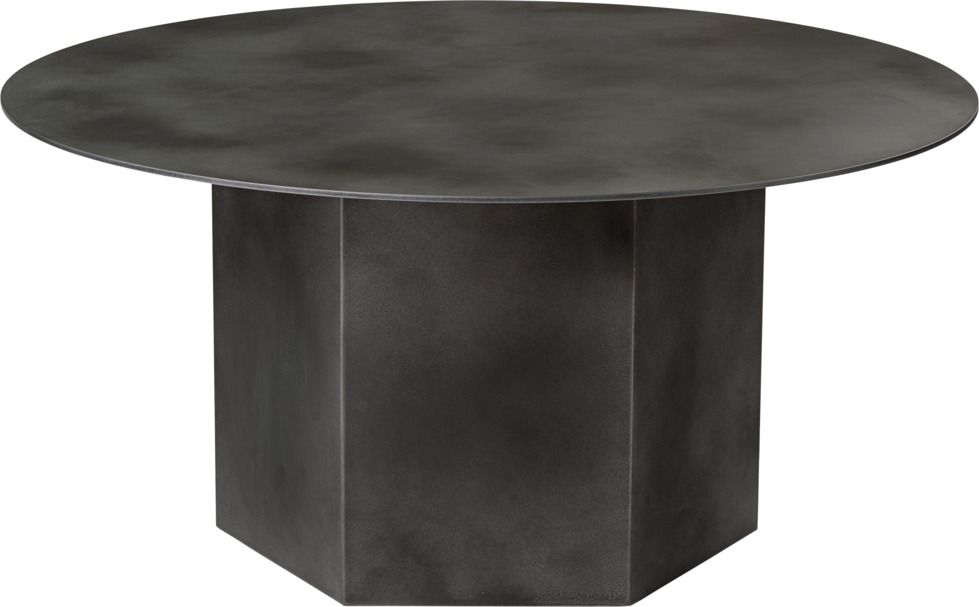 Epic Couchtisch von Gubi, Misty Gray Stahl, runder Tisch mit sechseckigem Sockel.
