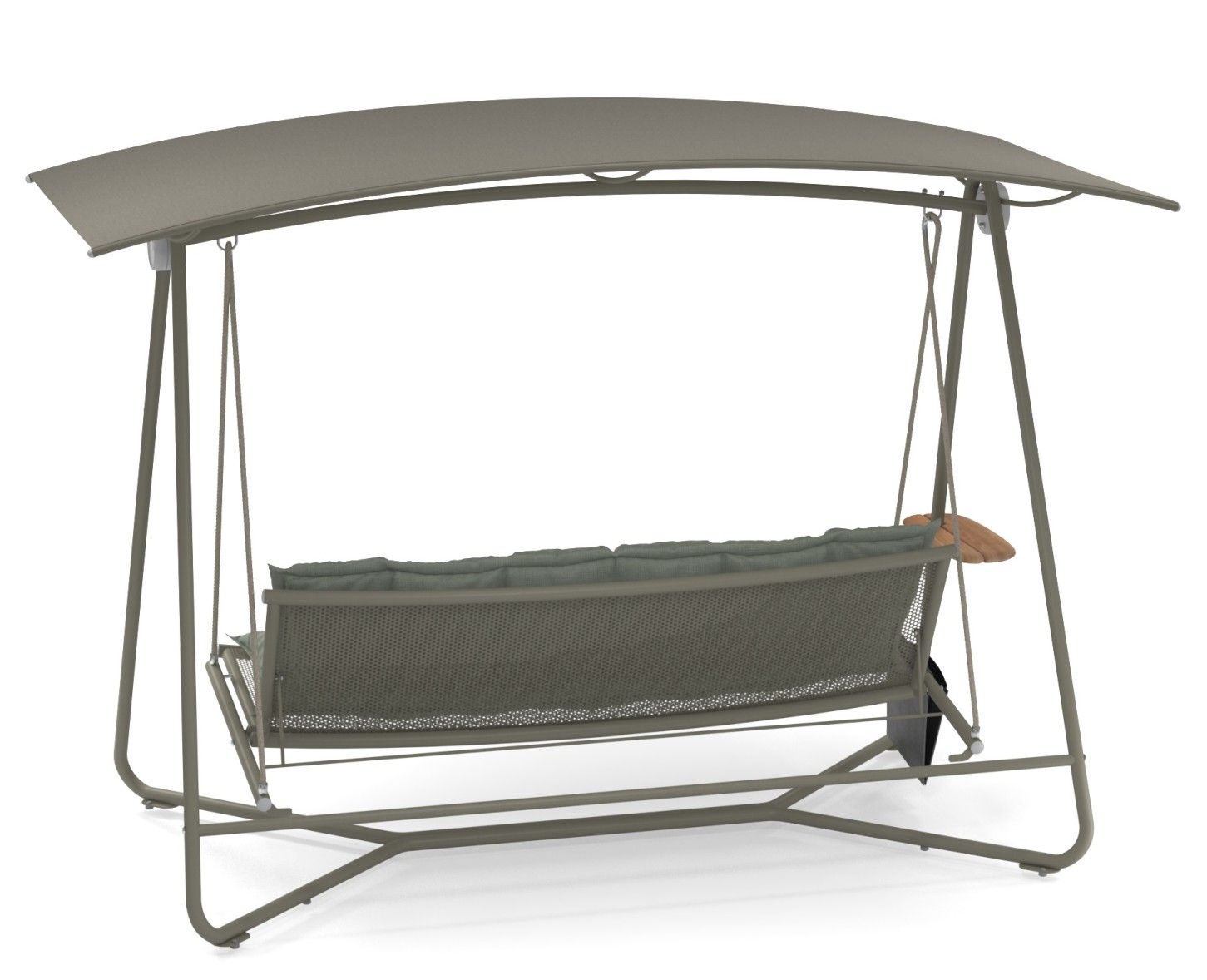 Reel Rocking Sofa Outdoor Emu: Graues Schaukelsofa mit Dach und bequemen Polstern für den Garten.