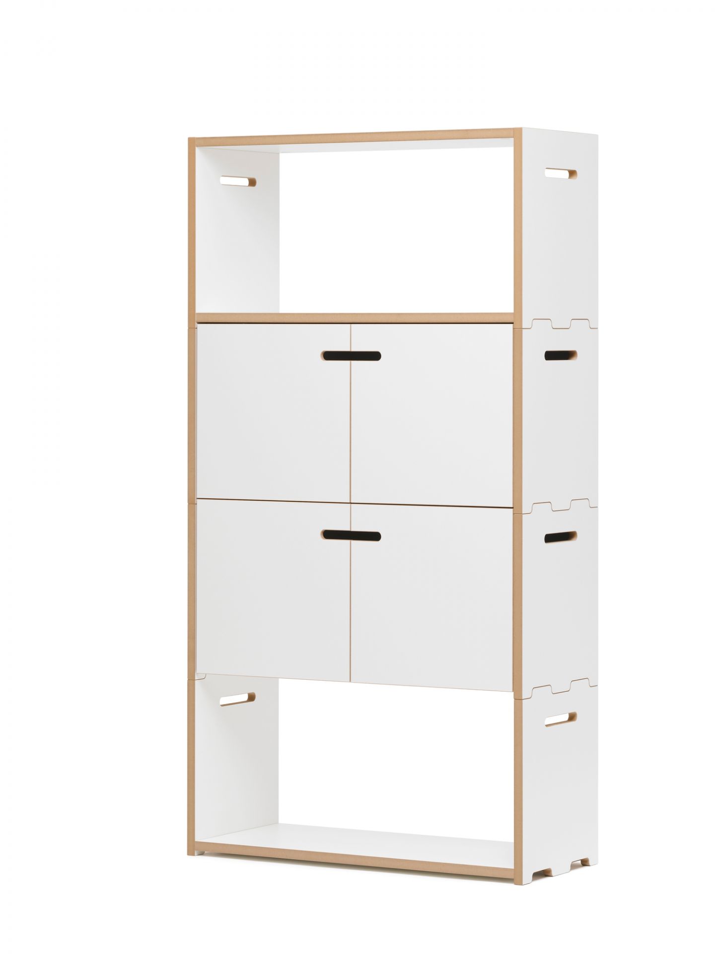 Tojo Hochstapler Regal Anbaumodul mit weißen Türen, modernes Regalsystem für Wohnzimmer und Büro.