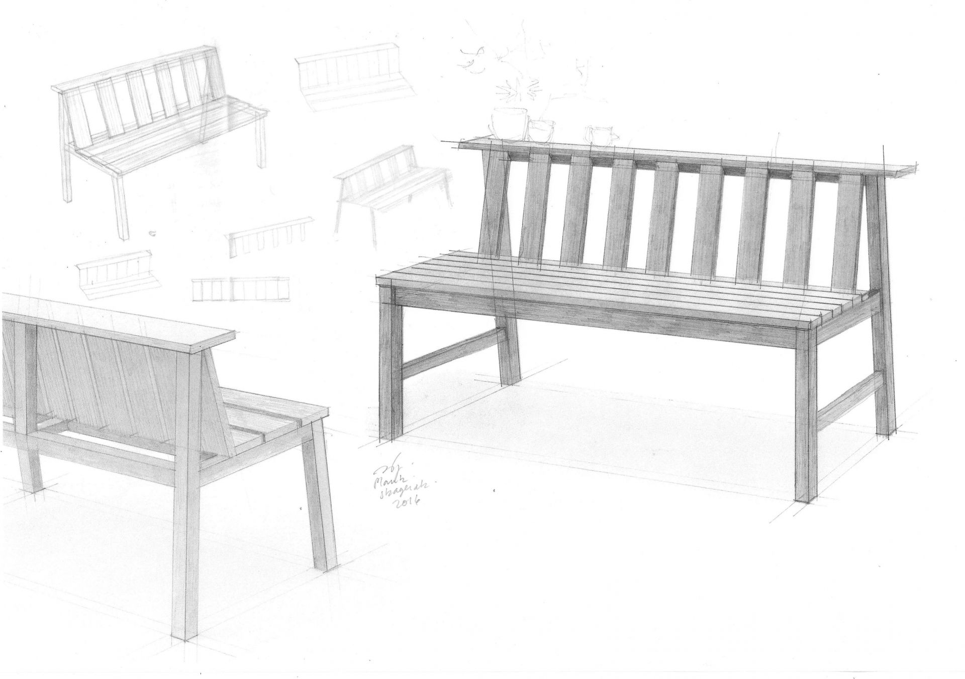 Skizze einer Cadence Bank Teak Outdoor Bank von Skagerak by Fritz Hansen, Gartenmöbel aus Teakholz.