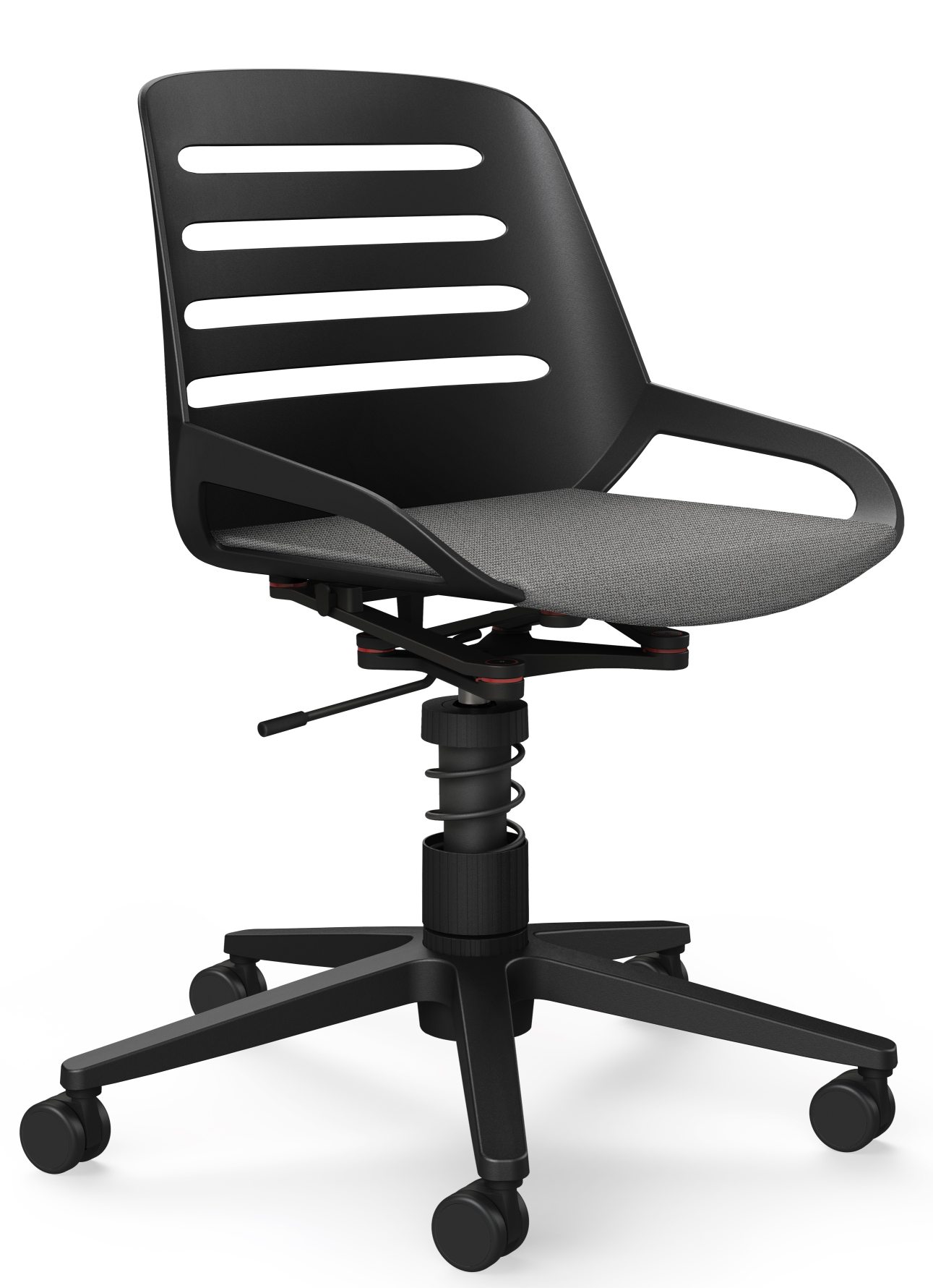 Numo Task Bürodrehstuhl von Aeris, schwarzer ergonomischer Bürostuhl mit Rollen und Federbein für dynamisches Sitzen.