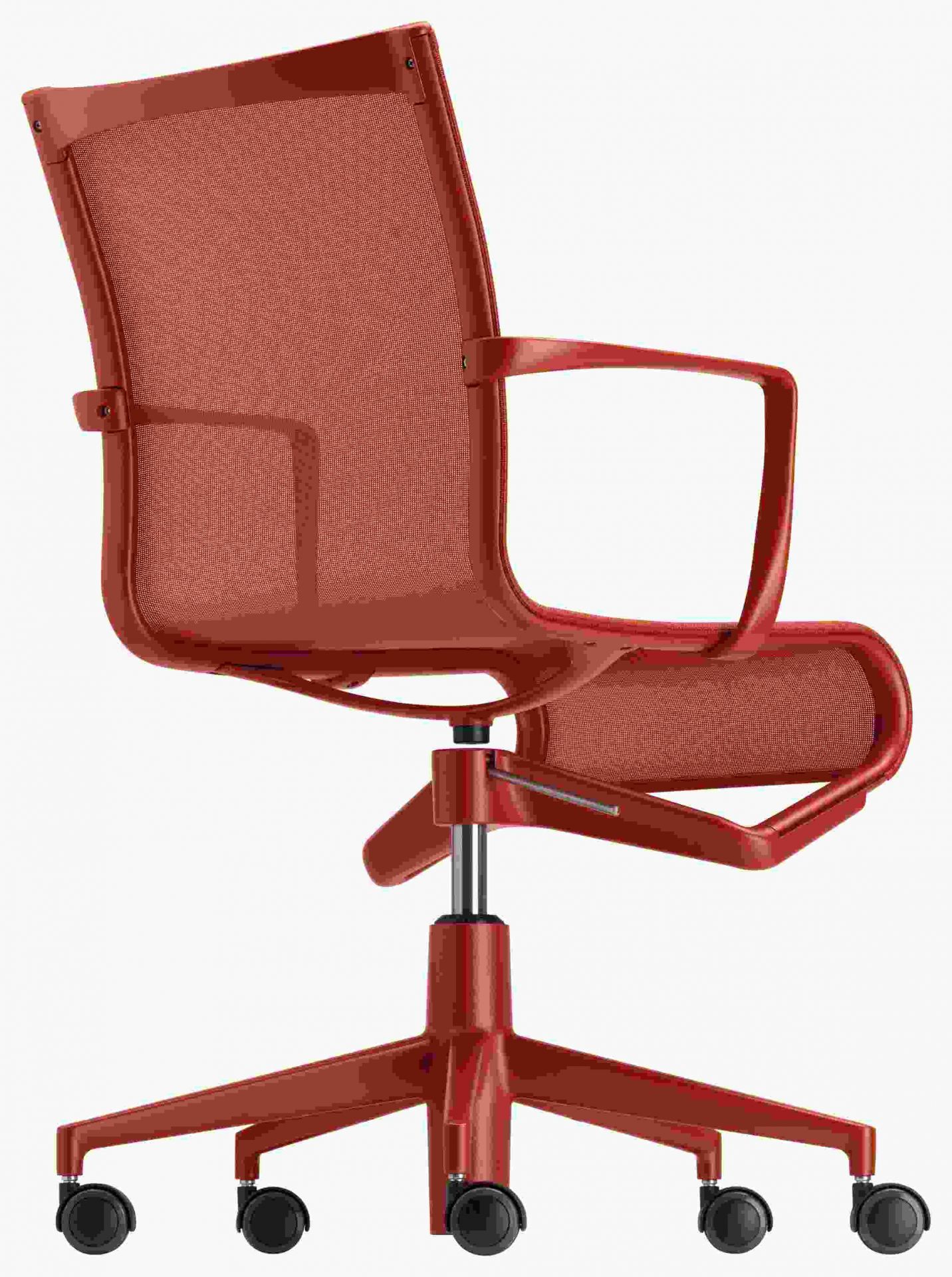 Rollingframe Bürodrehstuhl in Rot mit Armlehnen und Netzrücken, ergonomischer Drehstuhl für das Büro.