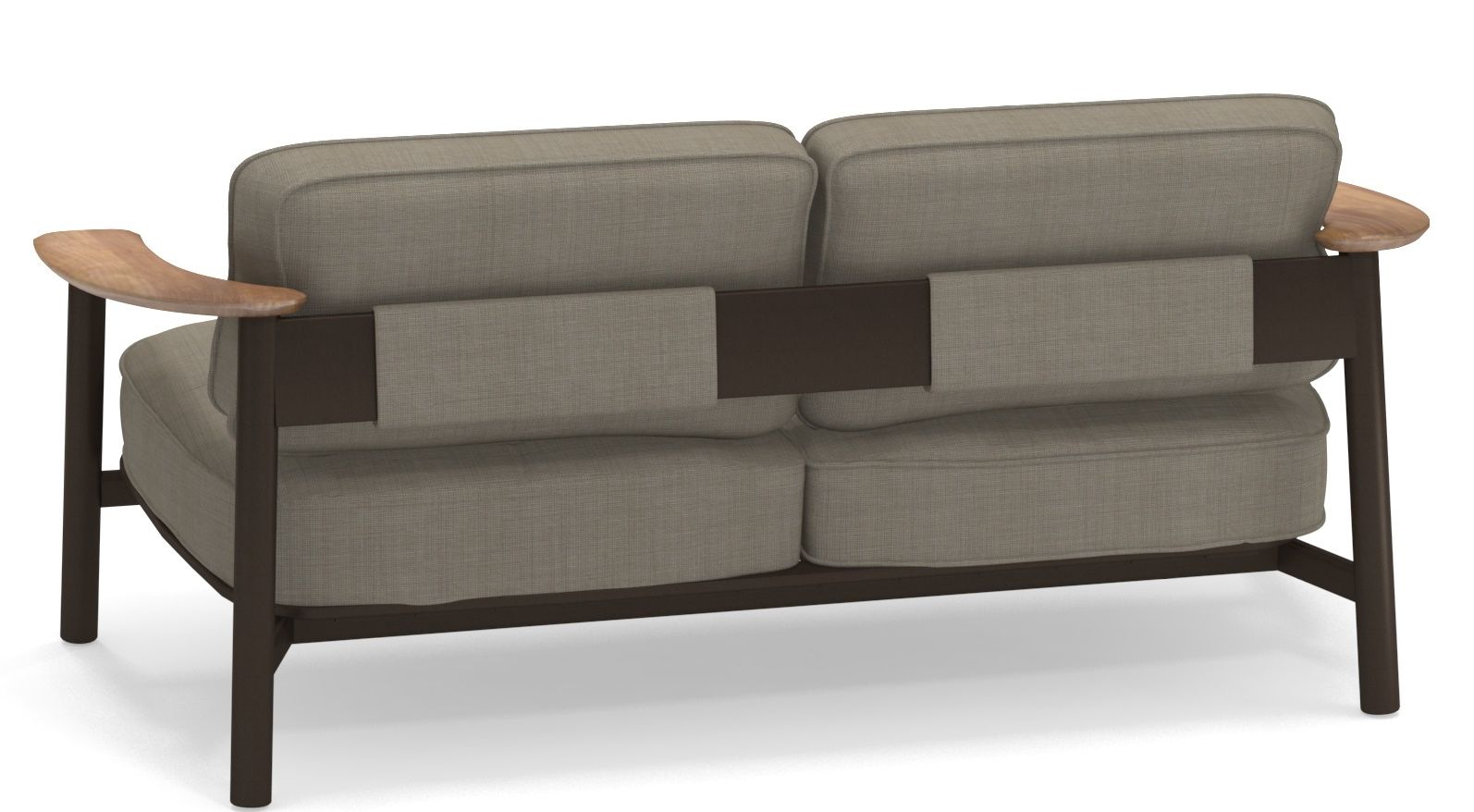 Rückansicht des Emu Twins Outdoor Sofas mit braunem Rahmen und hellgrauen Polstern für Garten und Terrasse.