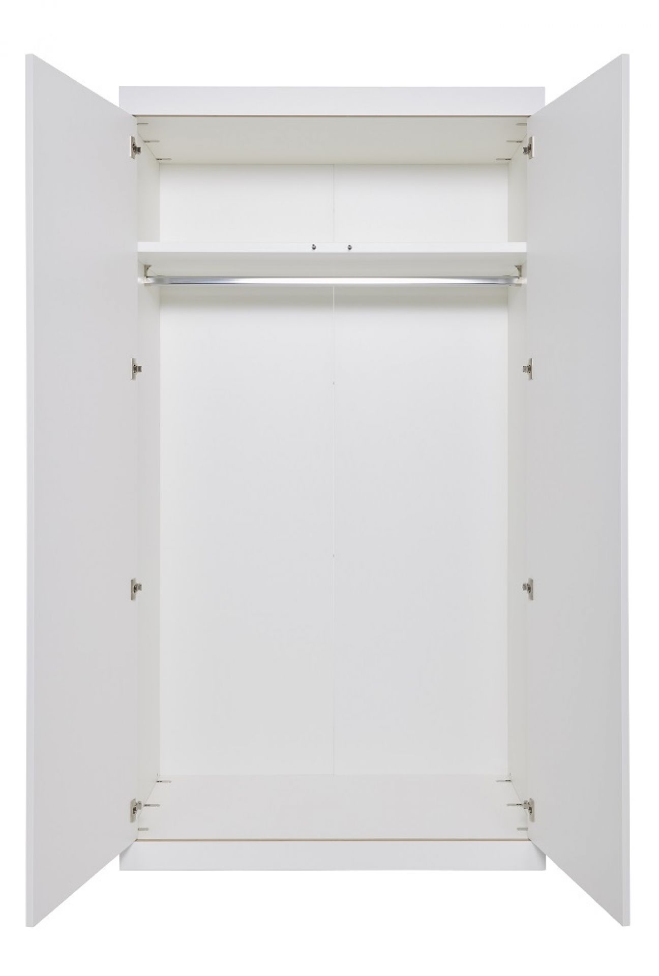 Offener, weißer Flai Kleiderschrank von Müller Möbelwerkstätten mit zwei Türen und Kleiderstange.