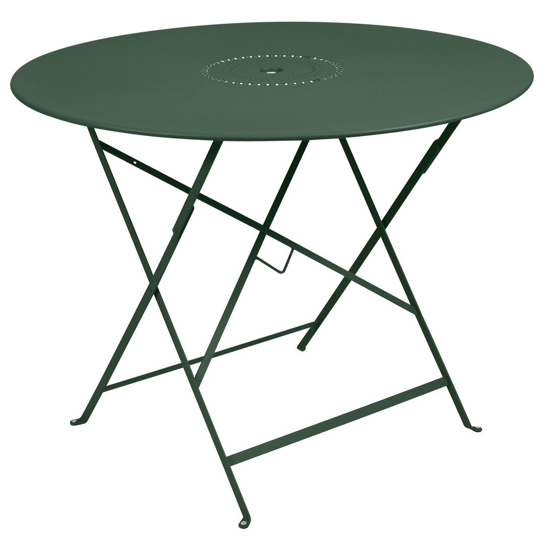 Floréal Gartentisch von Fermob, runder Outdoor-Tisch aus Metall in Waldgrün mit filigranem Lochmuster.