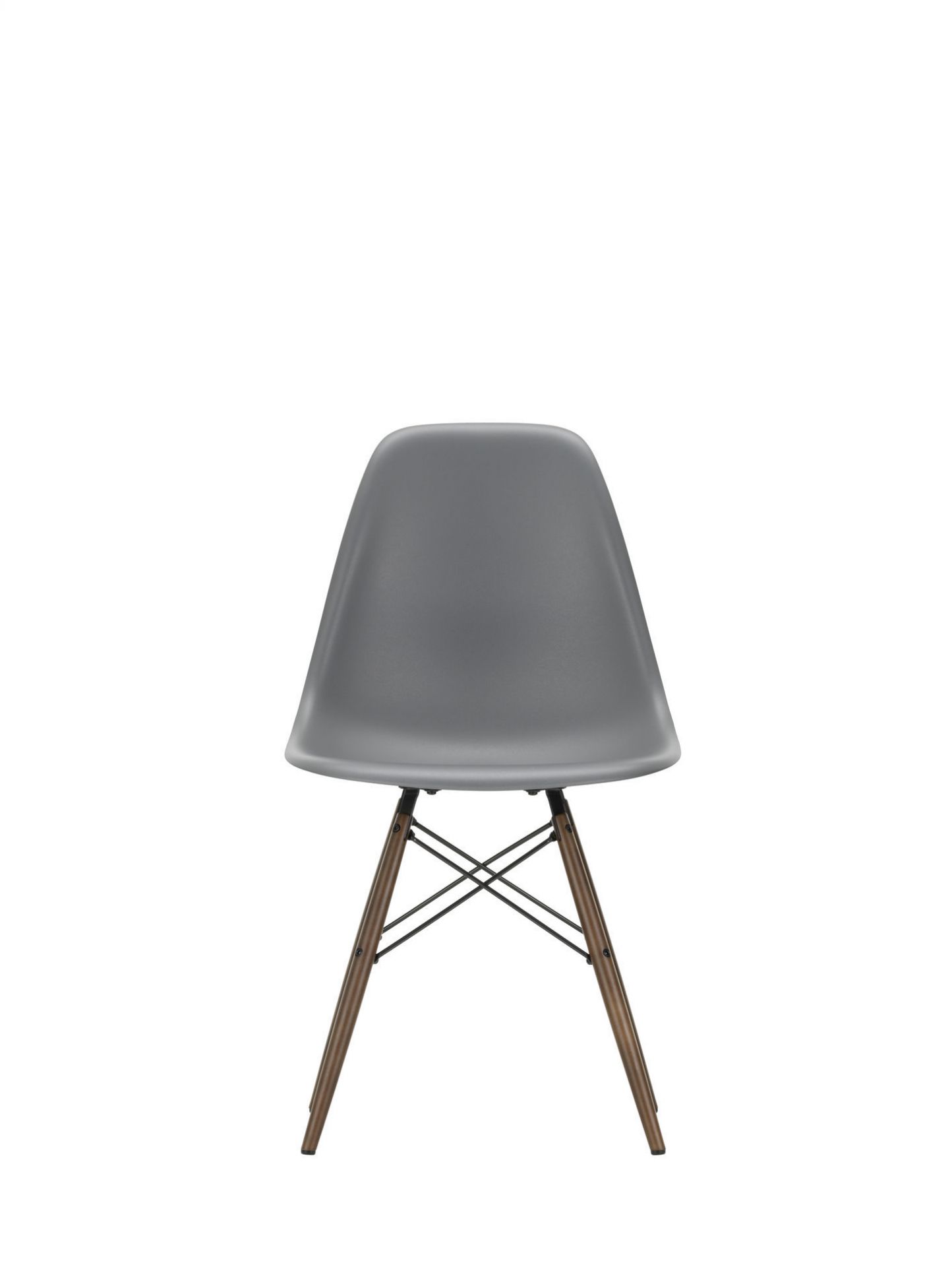 Grauer Eames Plastic Side Chair DSW mit Ahorn-Holzbeinen, Ansicht von vorne, Designklassiker von Vitra.