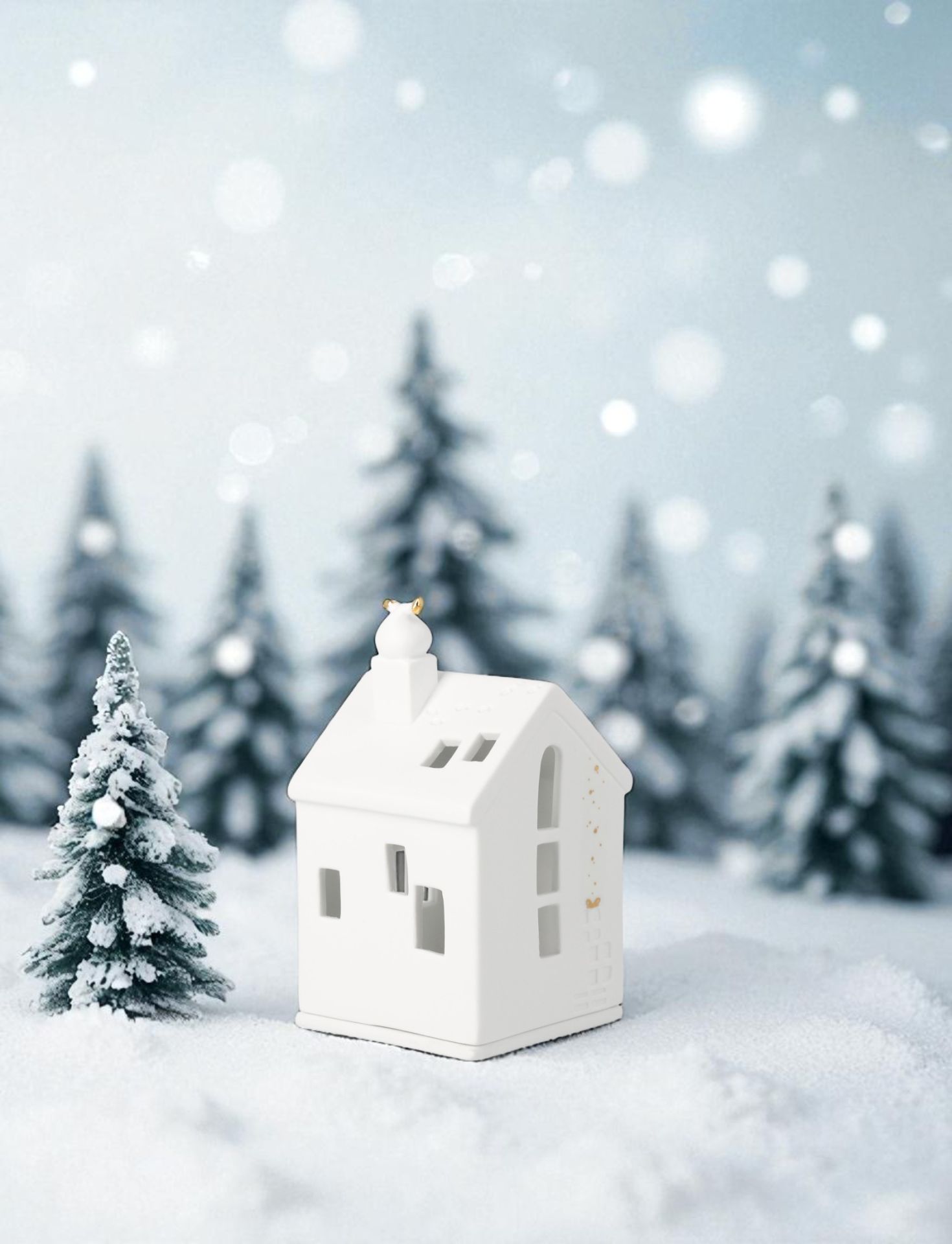 Weißes Lichthaus "Santas Füßchen Räder" mit Tannenbaum im Schnee, festliche Weihnachtsdekoration für gemütliche Winterabende.