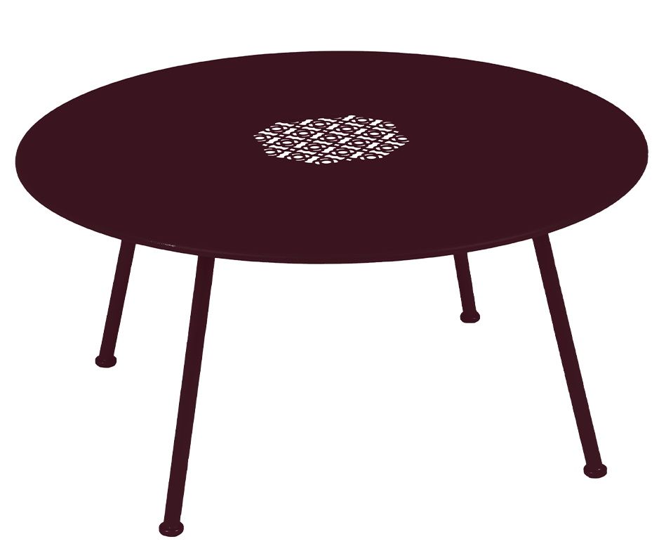 Lorette Outdoor Beistelltisch von Fermob, runder Couchtisch in Pflaume mit filigranem Lochmuster in der Mitte.