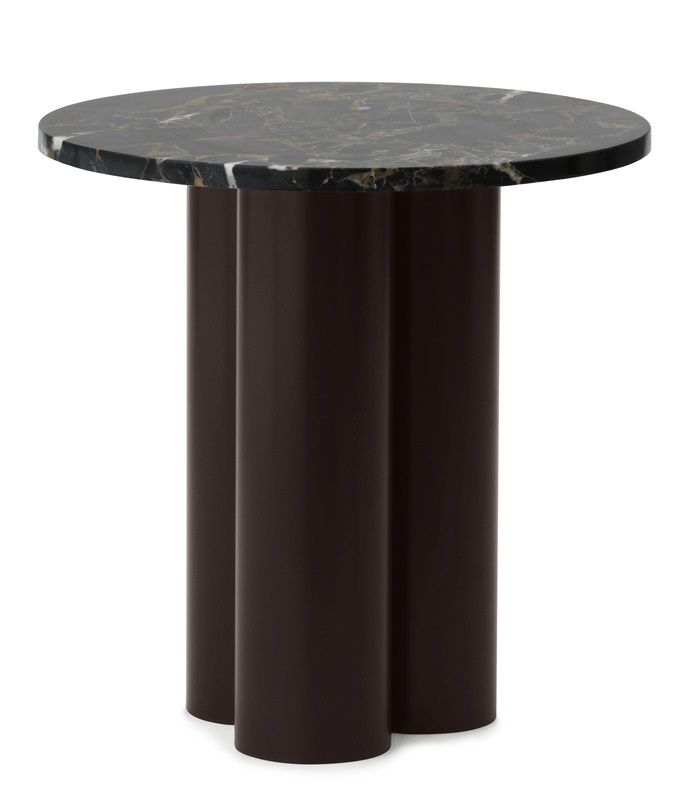 Dit Coffee Table von Normann Copenhagen: Runder Beistelltisch mit Marmorplatte und braunem, zylindrischem Fuß.