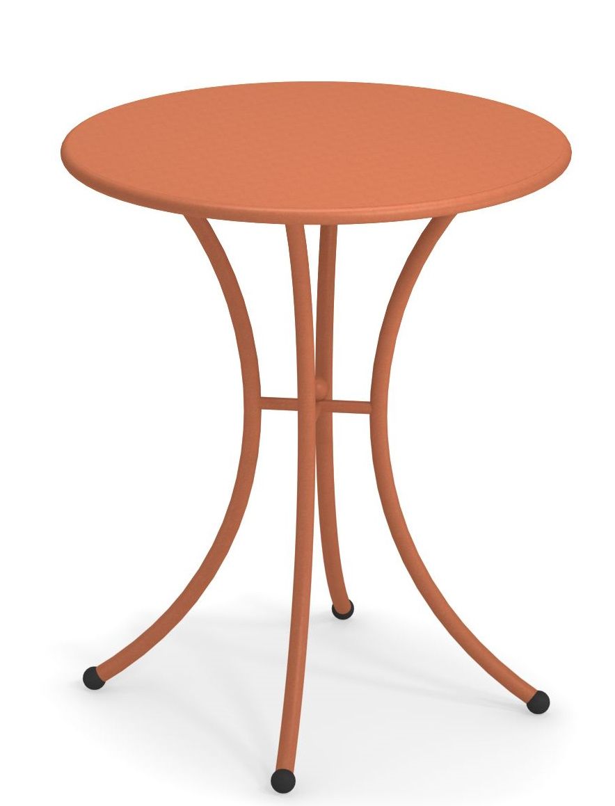 Pigalle Tisch rund Outdoor von Emu, orangefarbener Gartentisch mit drei Beinen für den Außenbereich.