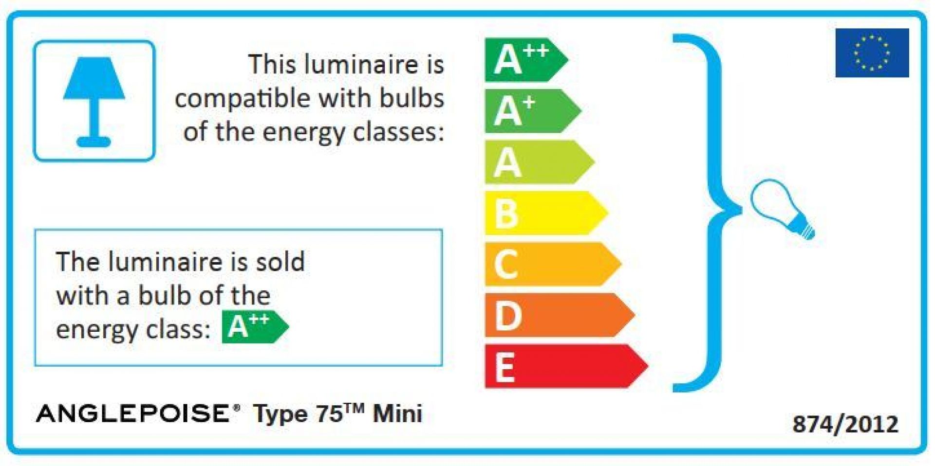 Energieetikett der Anglepoise Type 75 Mini Tischleuchte, das die Energieeffizienzklasse A++ der Lampe ausweist.