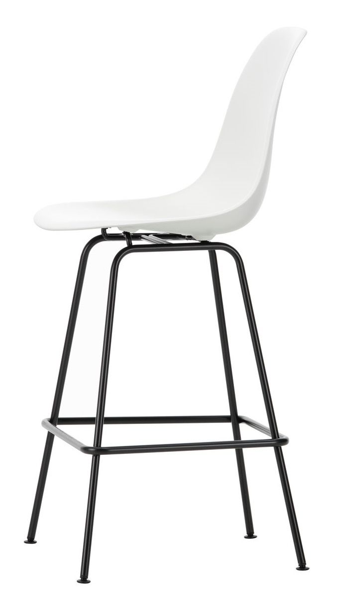 Eames Plastic Bar Stool von Vitra, Medium, weißer Sitzschale und schwarzem Metallgestell, Seitenansicht.